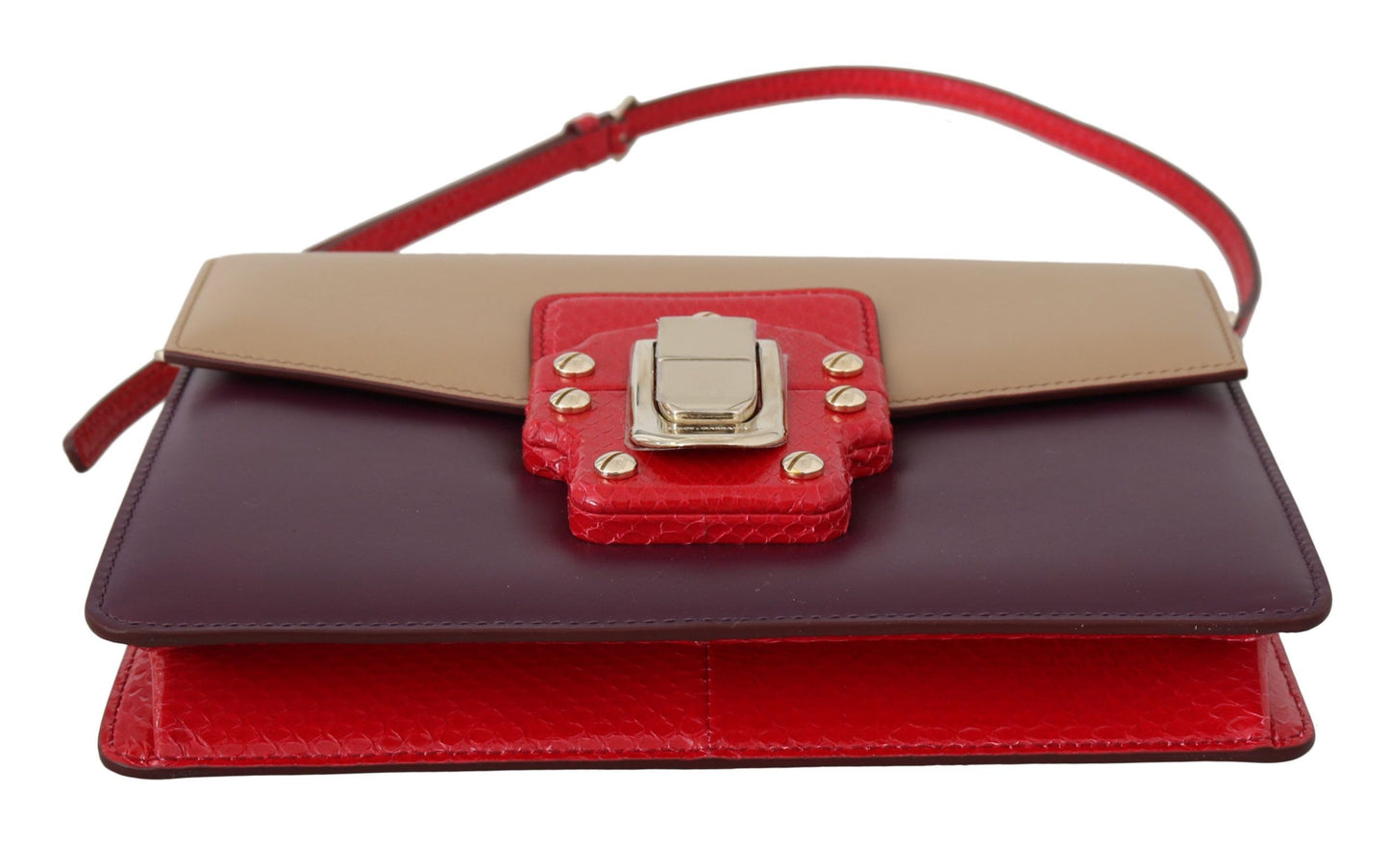 Bolso bandolera de piel color morado, beige y rojo