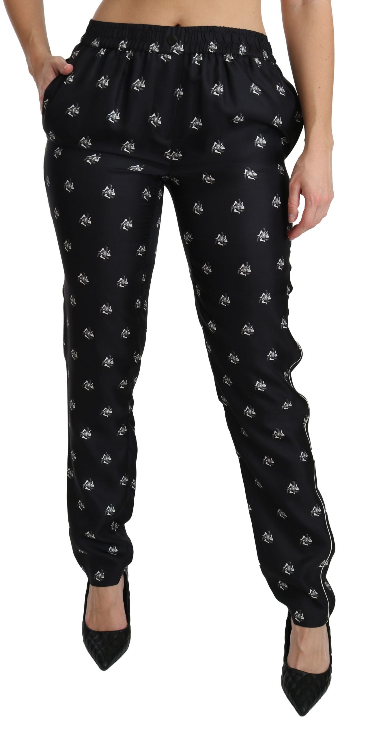 Pantalones ajustados de seda con cintura media y estampado negro