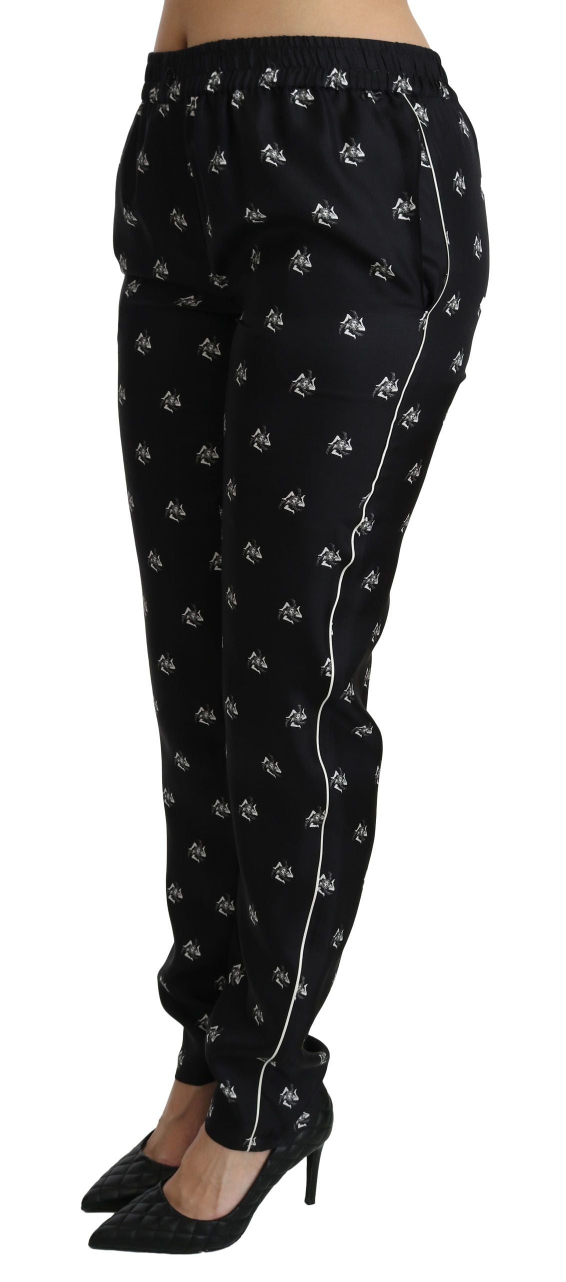Pantalones ajustados de seda con cintura media y estampado negro