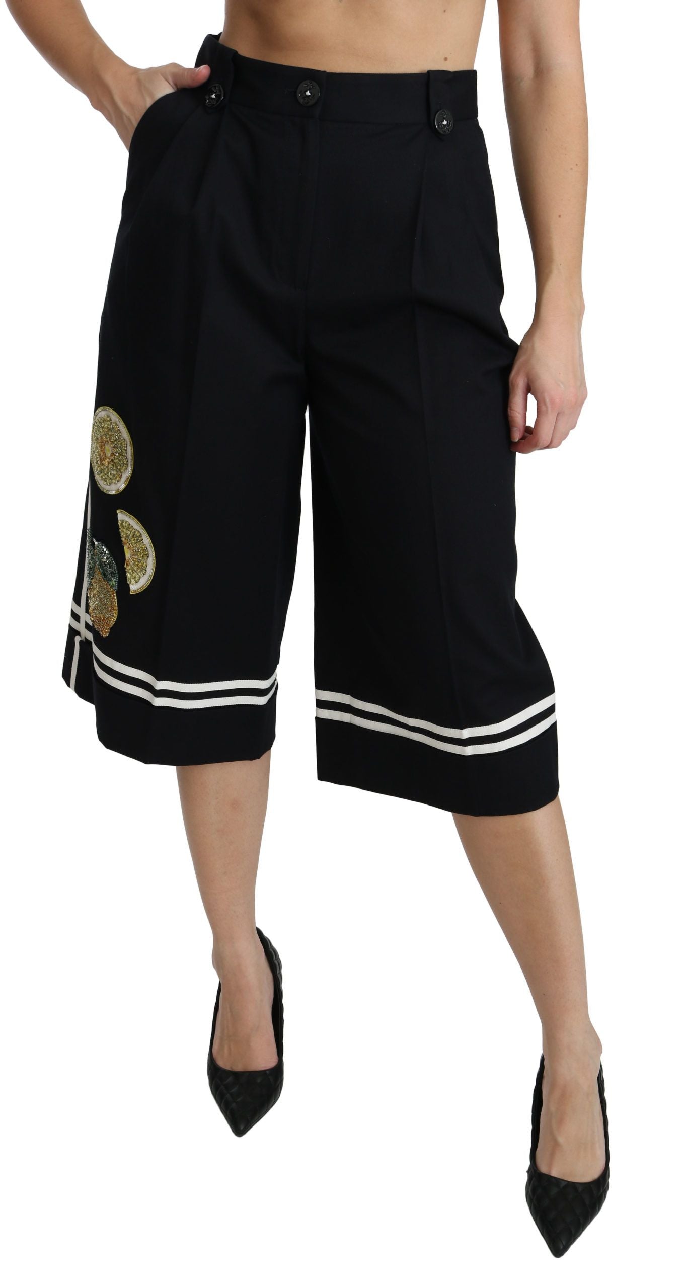 Pantalones palazzo cropped con adornos de limón negro