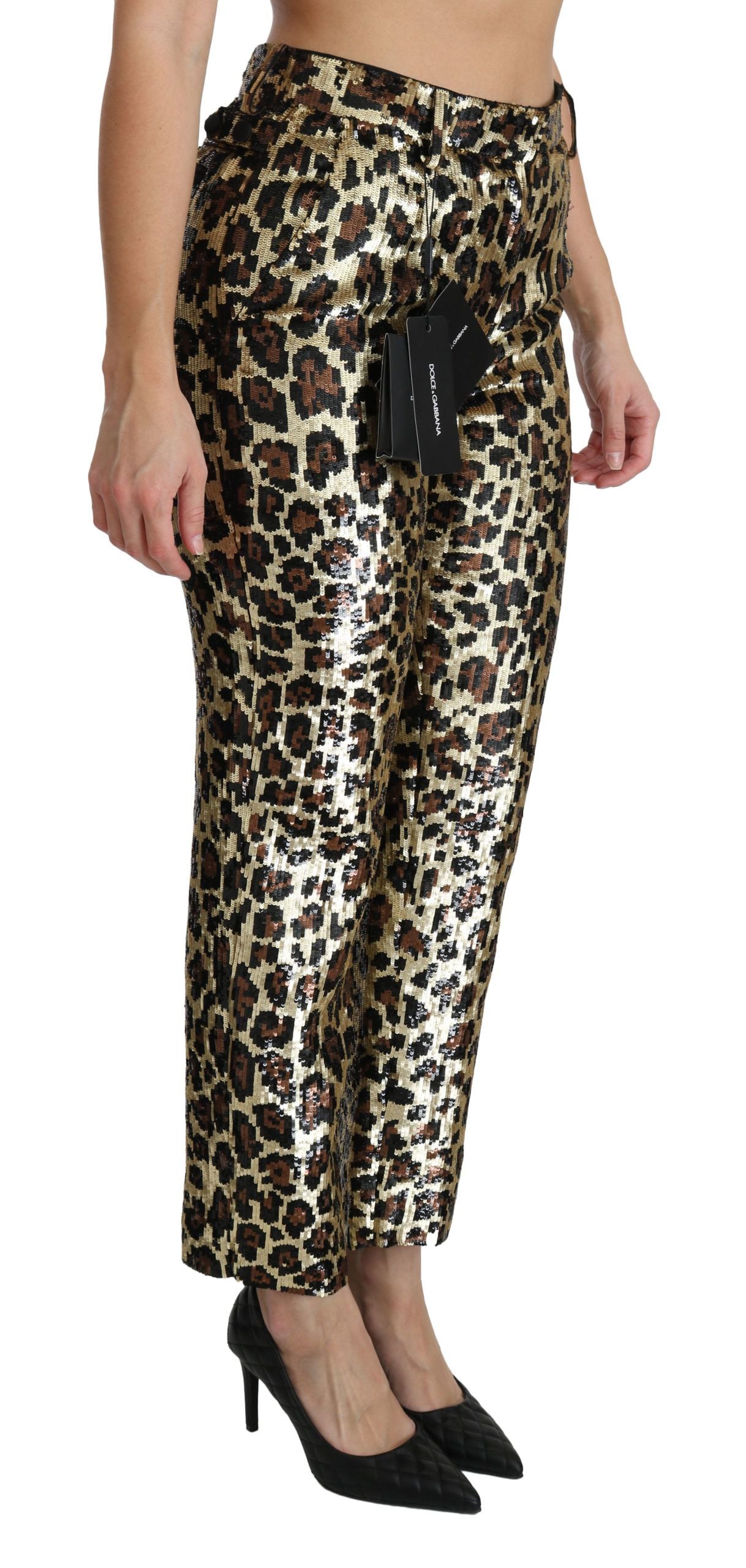 Pantalones de cintura alta con lentejuelas de leopardo marrón
