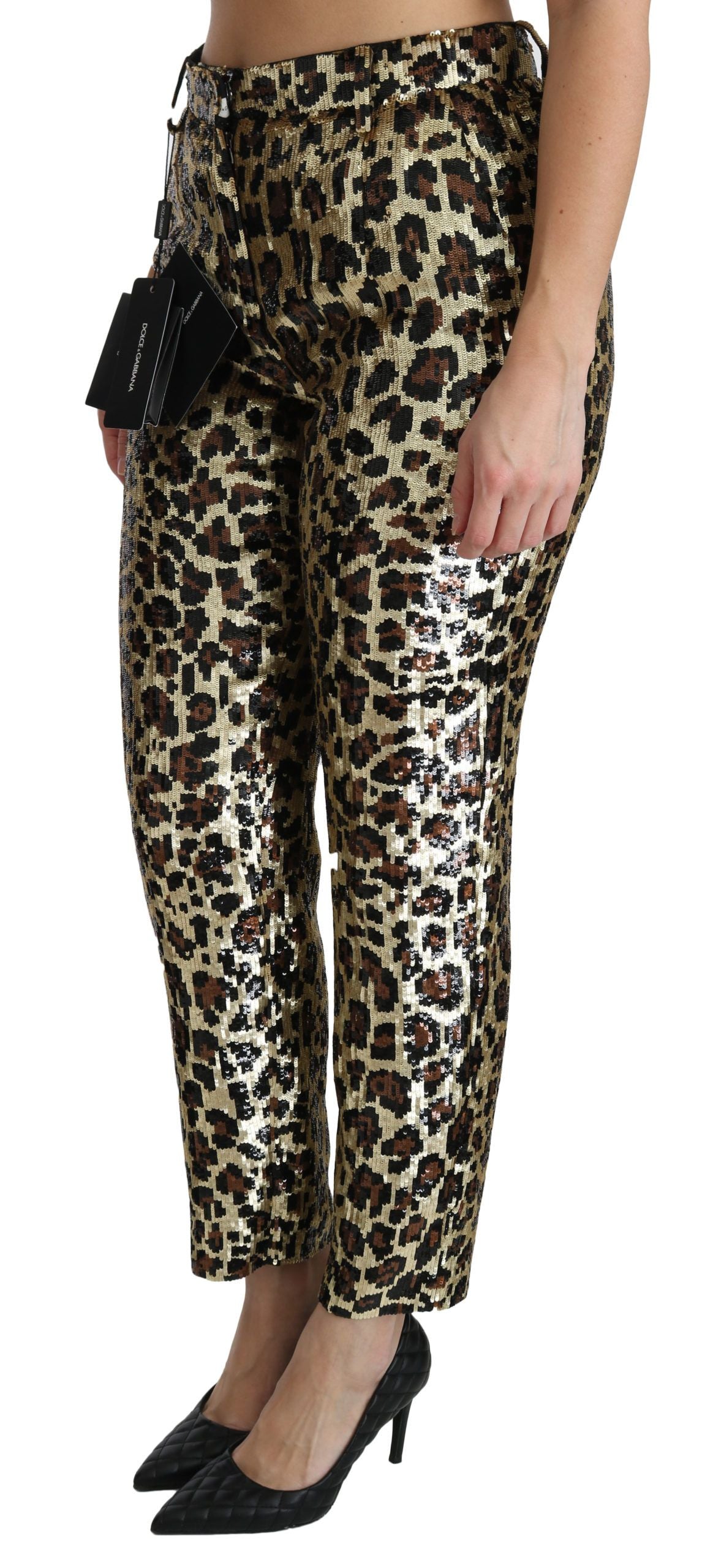 Pantalones de cintura alta con lentejuelas de leopardo marrón