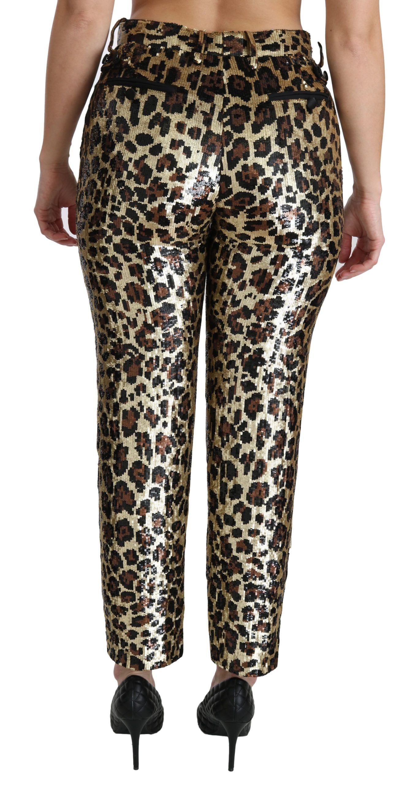 Pantalones de cintura alta con lentejuelas de leopardo marrón