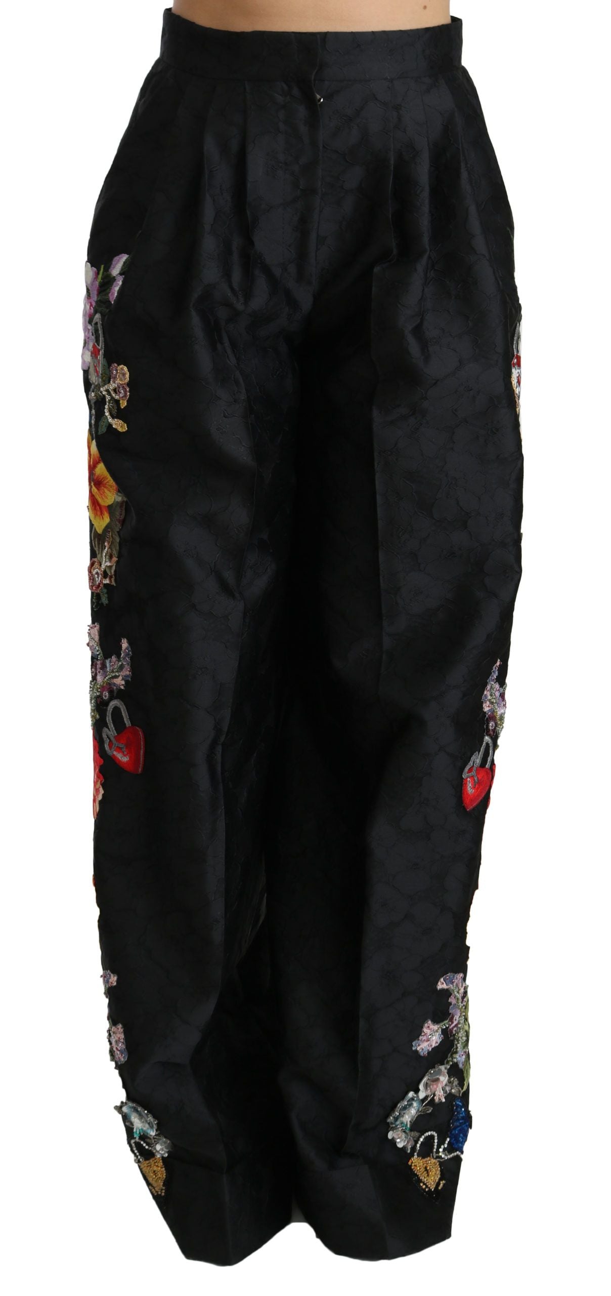 Pantalones de brocado negro con flores, lentejuelas y cuentas