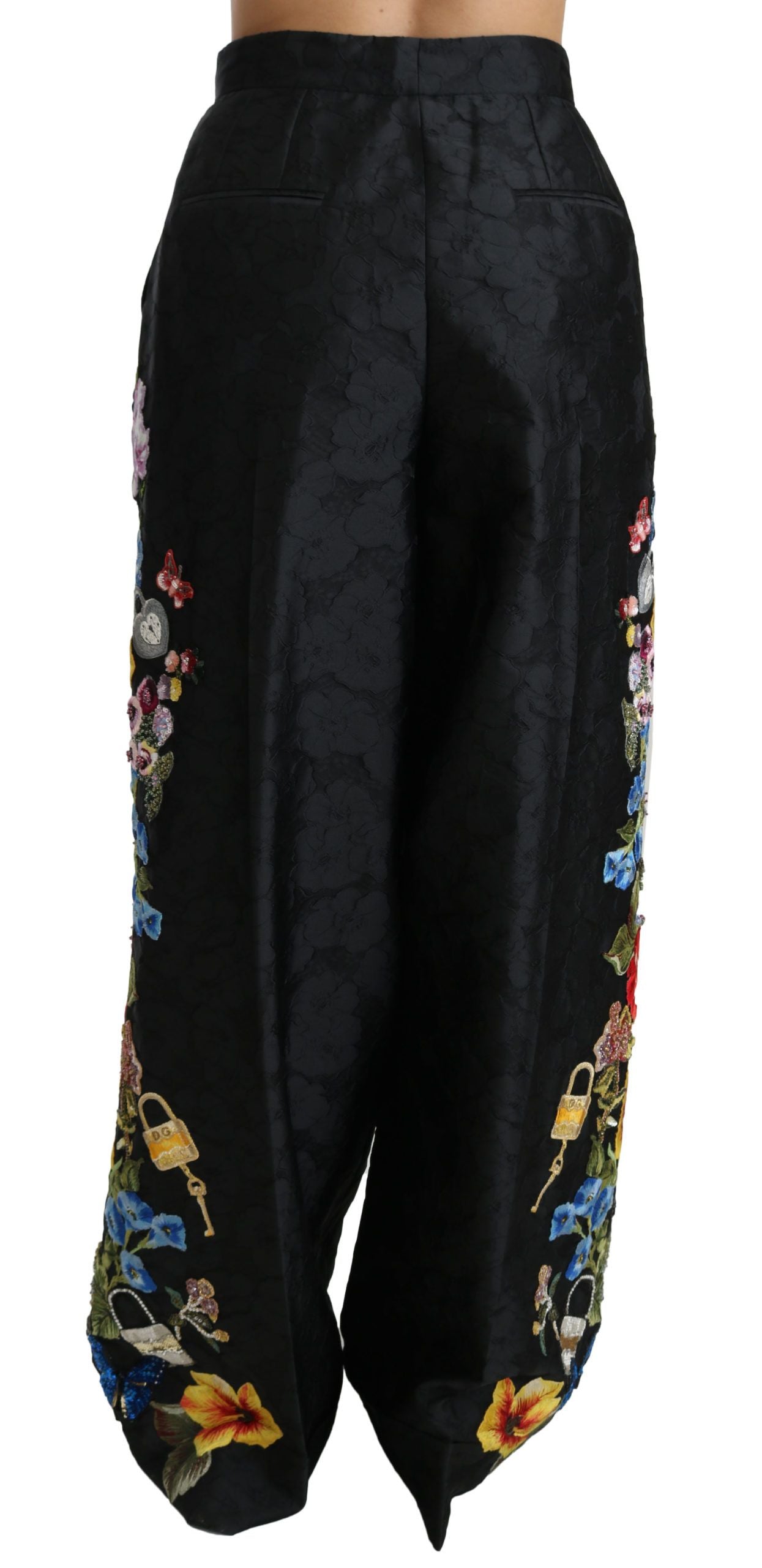 Pantalones de brocado negro con flores, lentejuelas y cuentas