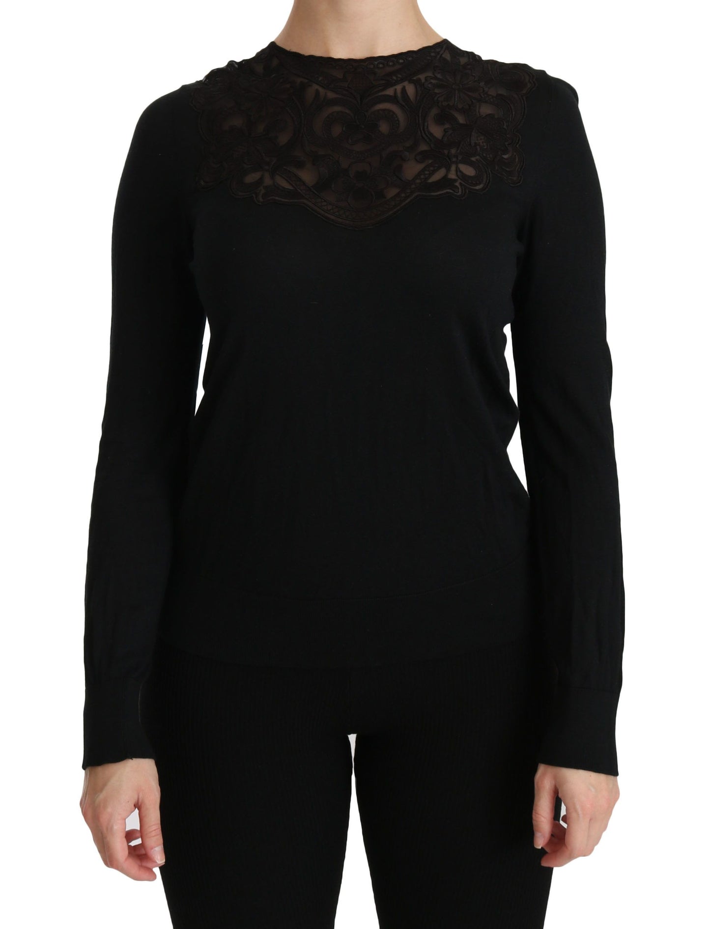 Blusa de manga larga con cuello redondo y encaje de seda negra