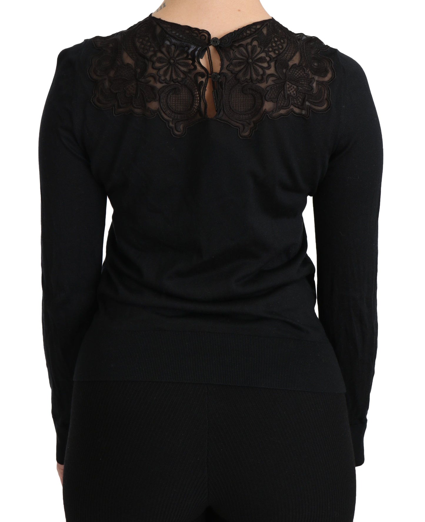 Blusa de manga larga con cuello redondo y encaje de seda negra