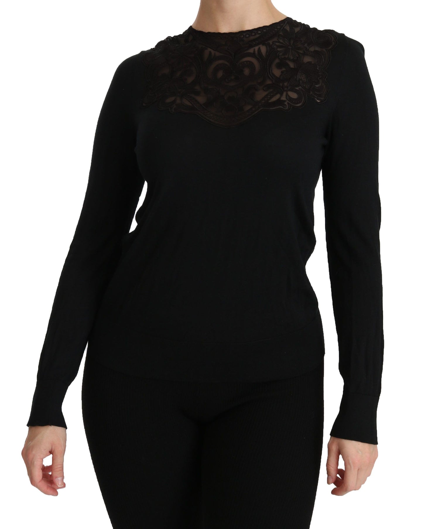 Blusa de manga larga con cuello redondo y encaje de seda negra