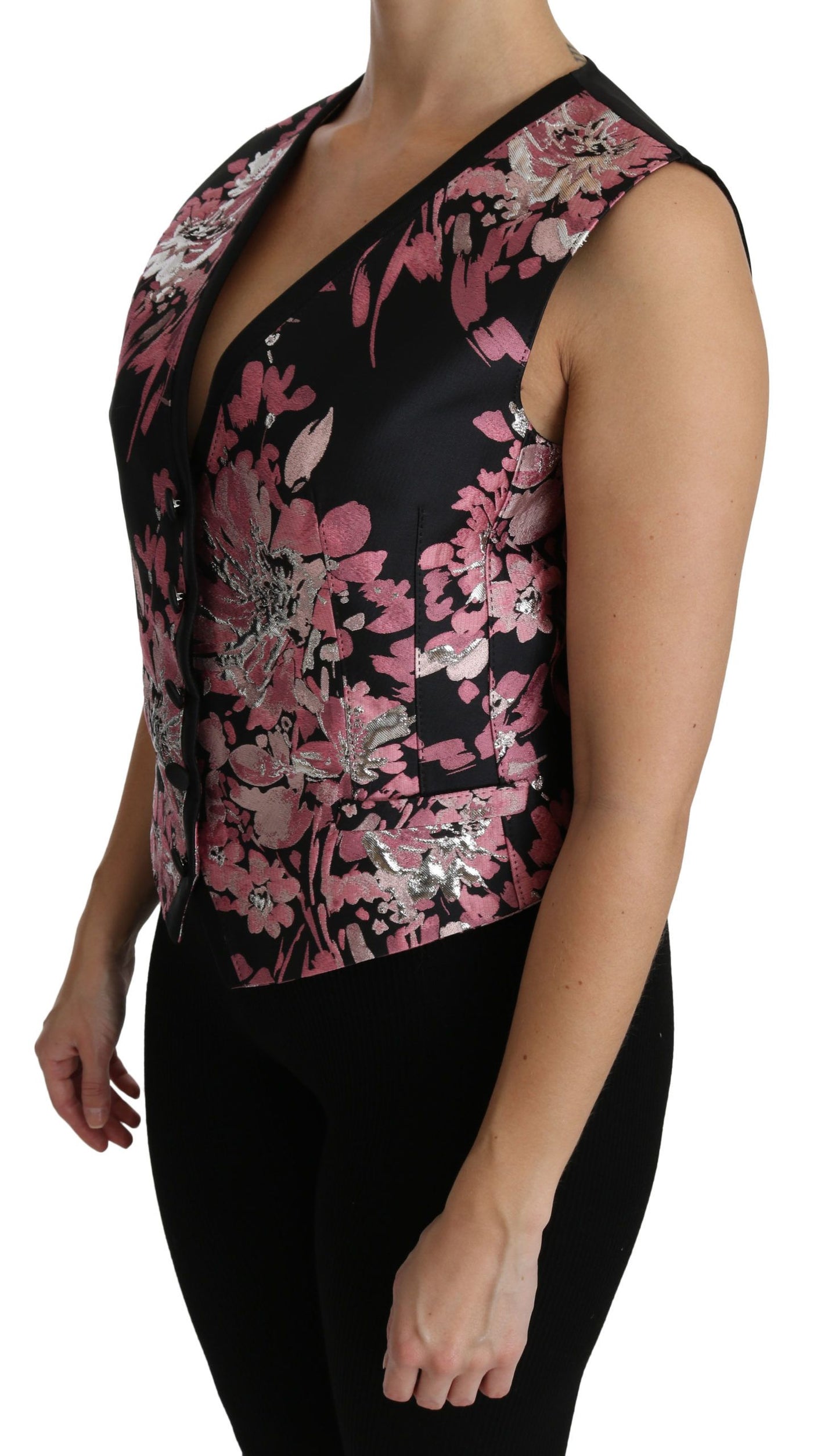 Top tipo blusa con chaleco floral negro y rosa