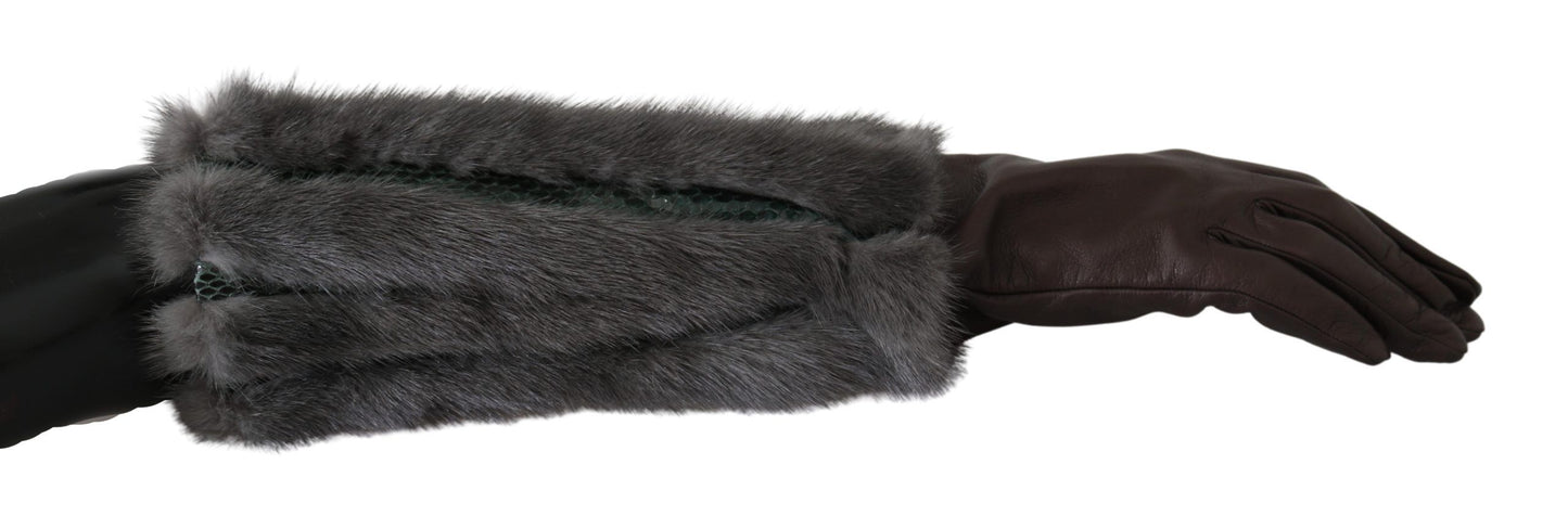 Guantes de piel de color marrón hasta la mitad del brazo
