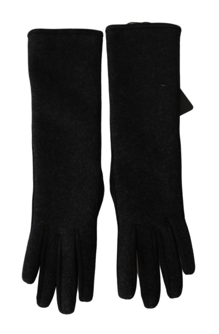 Guantes de lana negros y grises hasta la mitad del brazo