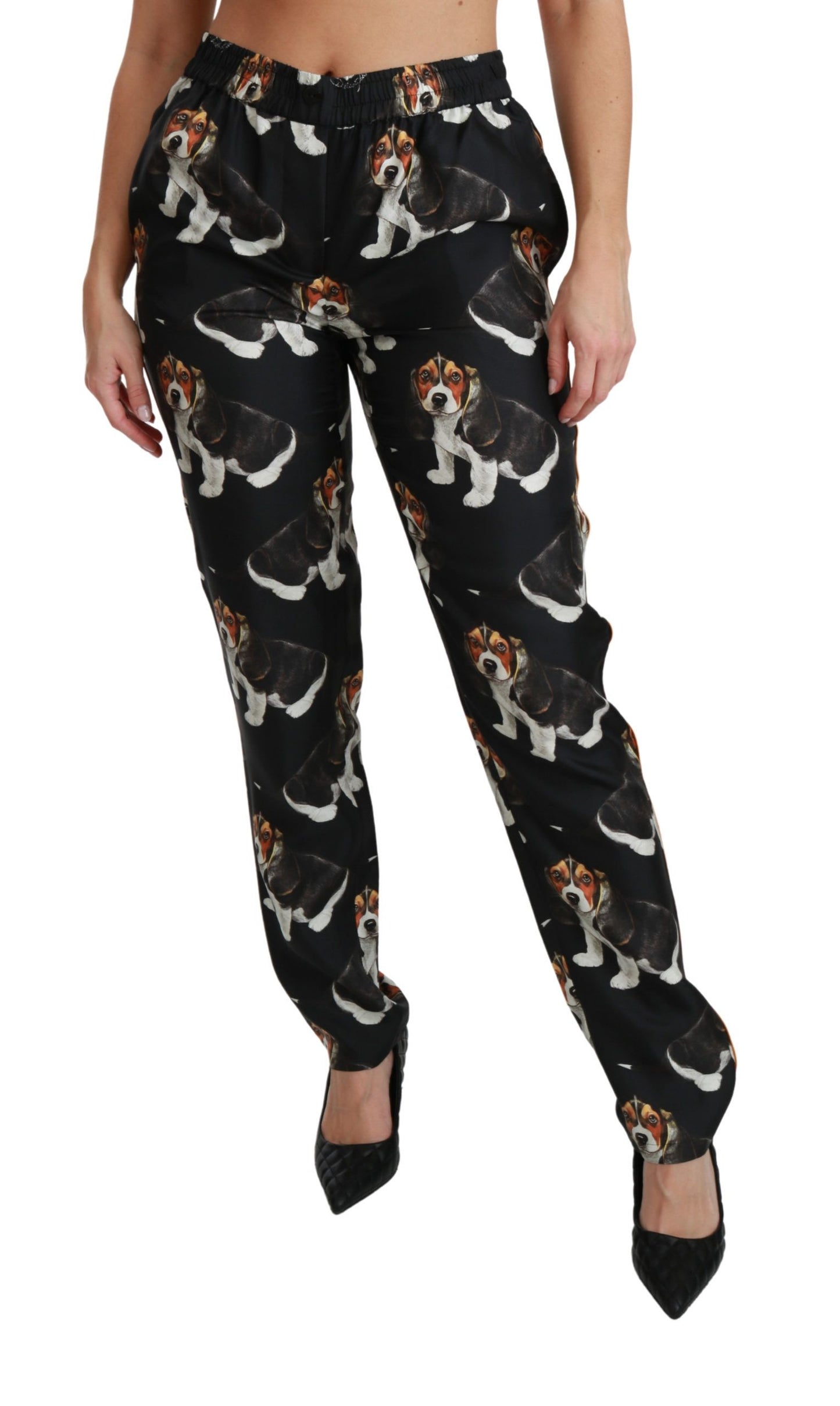 Pantalones ajustados de seda de cintura media con diseño de perrito negro