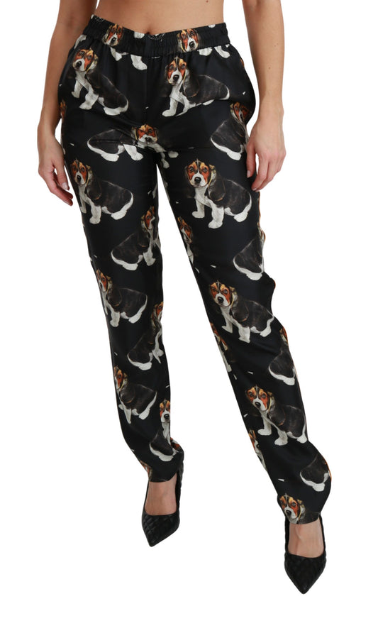 Pantalon skinny en soie taille moyenne à motif chiot noir
