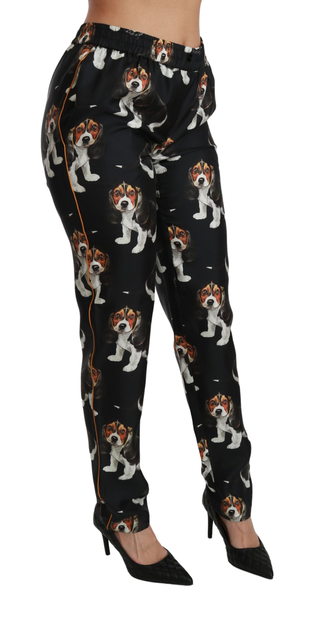Pantalones ajustados de seda de cintura media con diseño de perrito negro