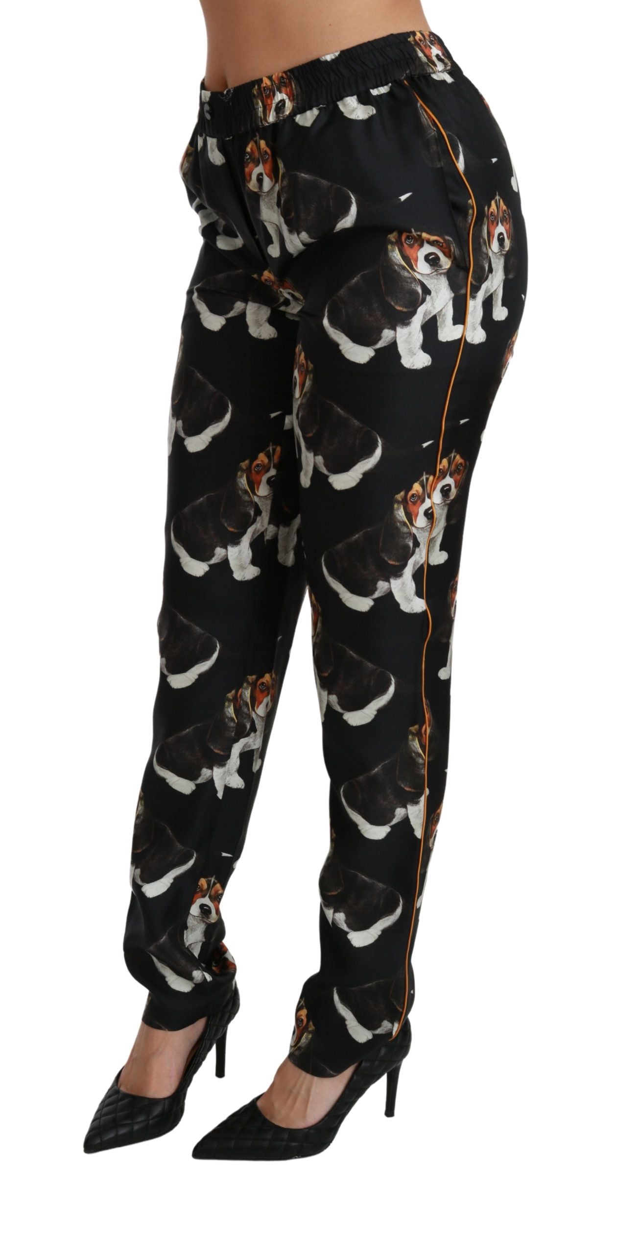 Pantalones ajustados de seda de cintura media con diseño de perrito negro