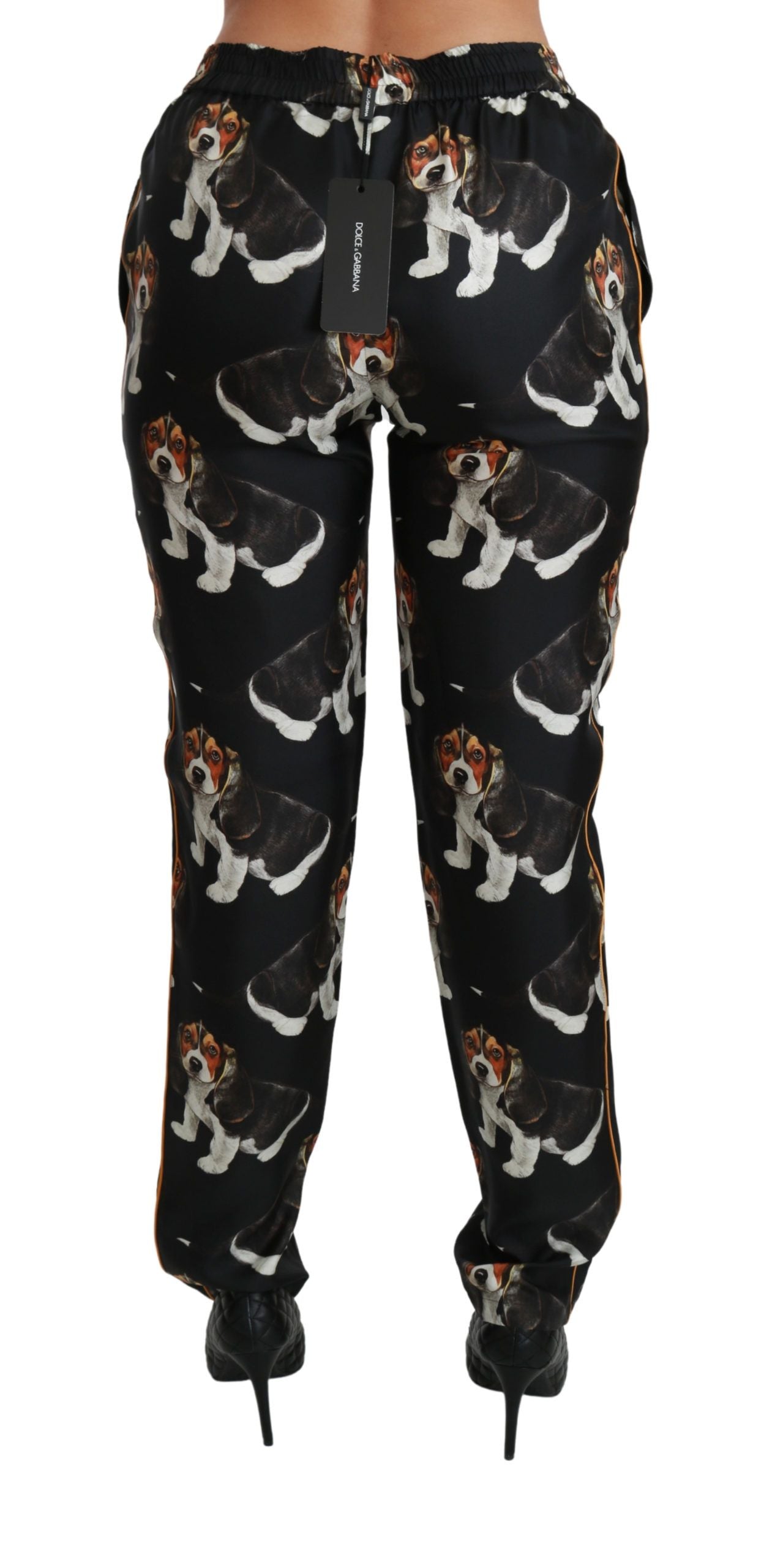 Pantalones ajustados de seda de cintura media con diseño de perrito negro