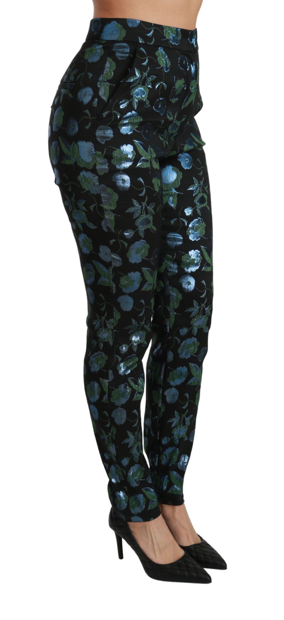 Pantalones ajustados metalizados con estampado floral azul verdoso