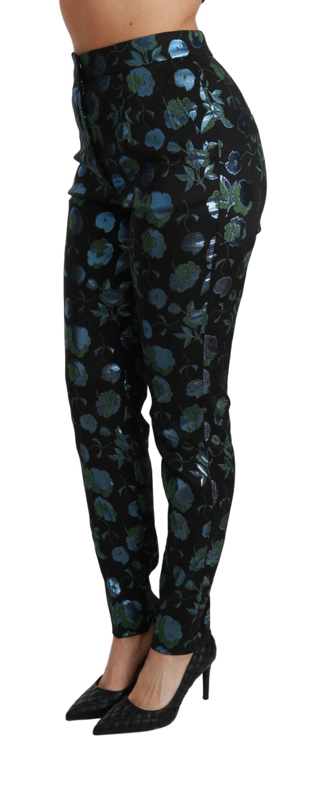 Pantalones ajustados metalizados con estampado floral azul verdoso