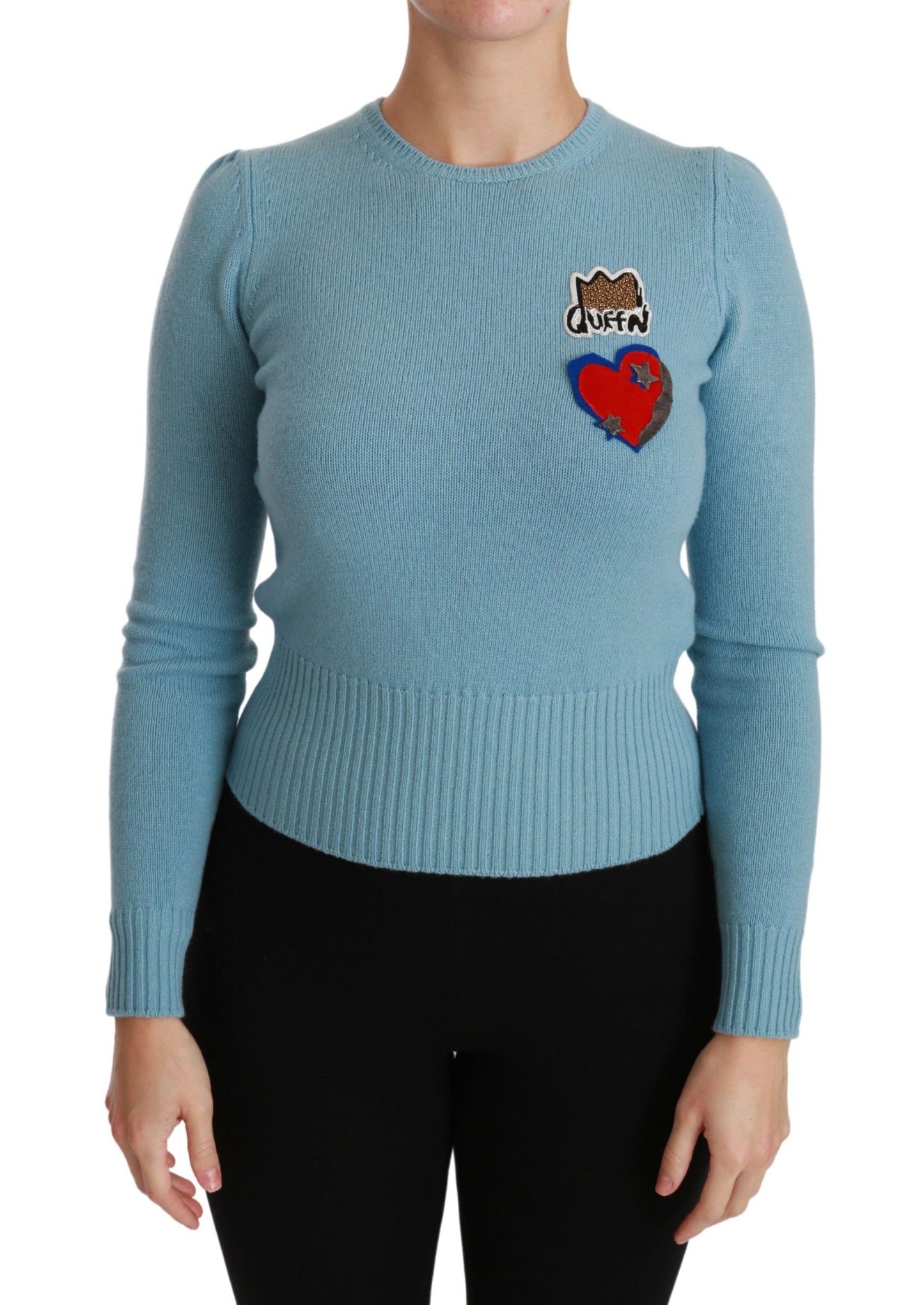 Suéter de lana azul con estampado de corazones de la reina