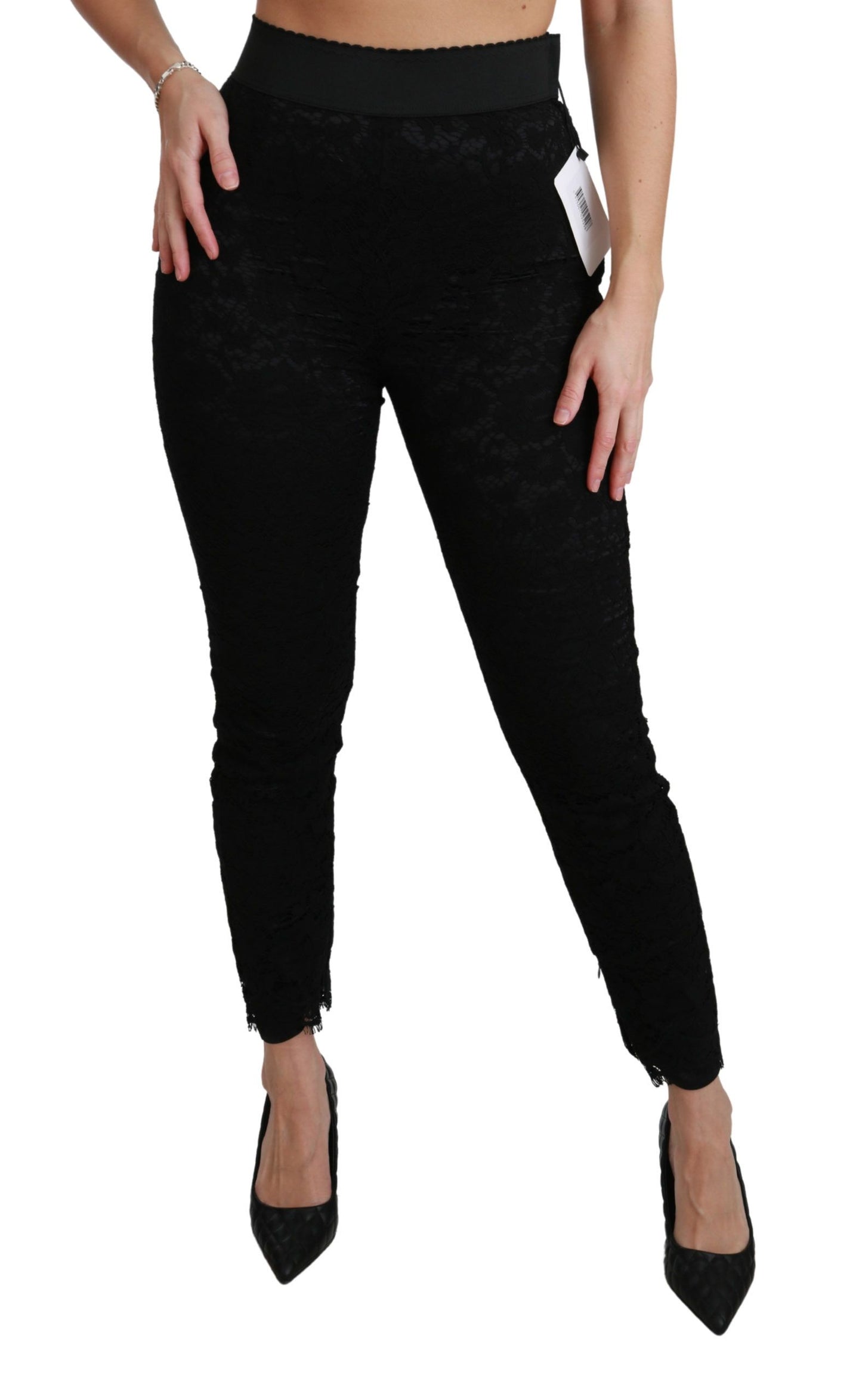 Pantalon skinny taille haute en coton noir avec dentelle