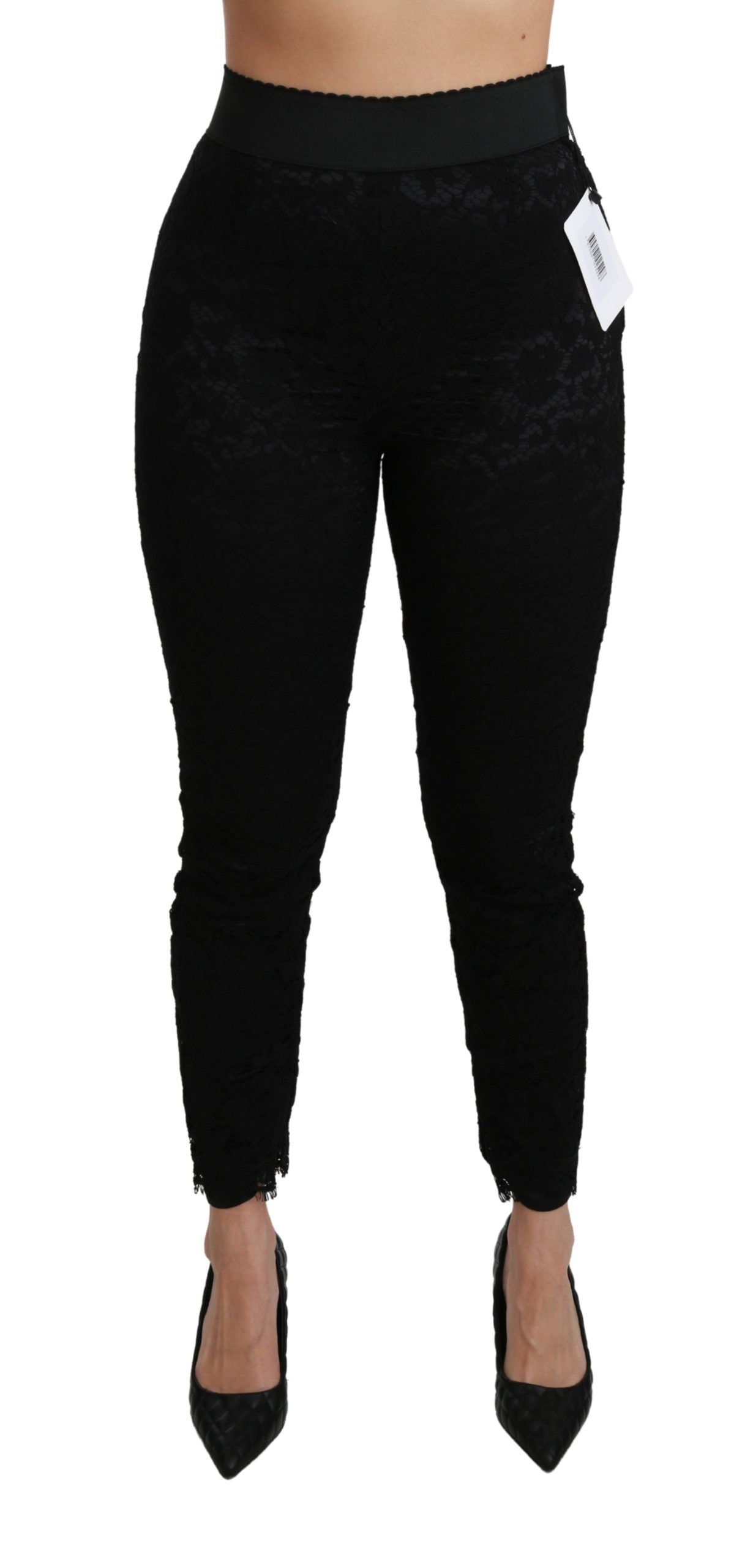 Pantalon skinny taille haute en coton noir avec dentelle