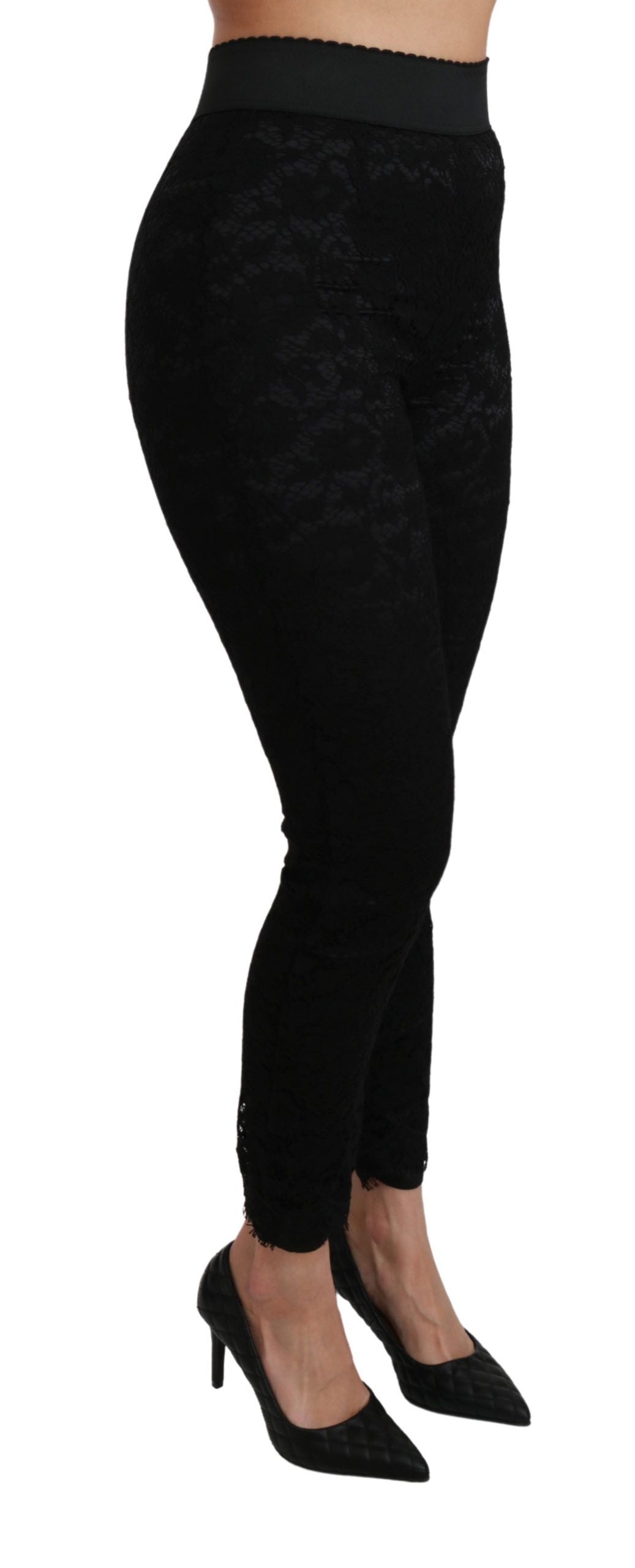 Pantalon skinny taille haute en coton noir avec dentelle