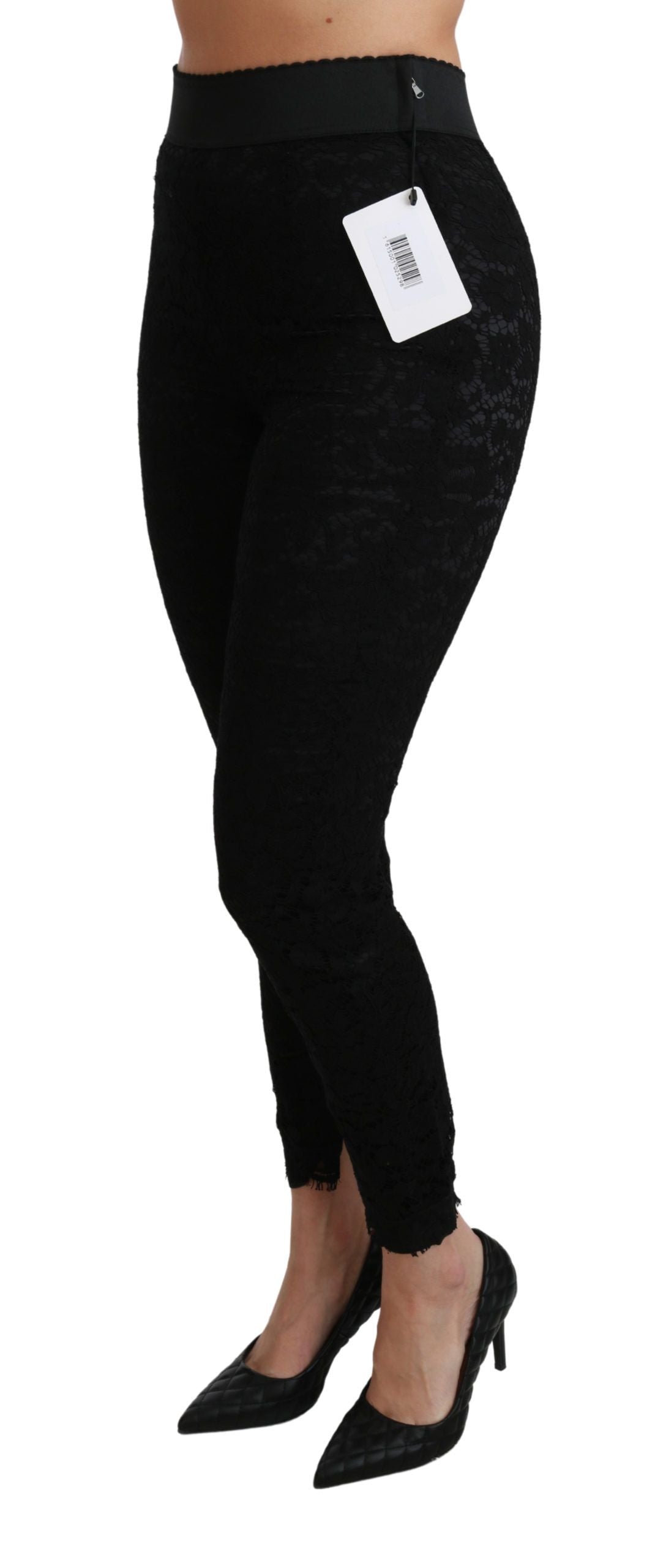 Pantalon skinny taille haute en coton noir avec dentelle