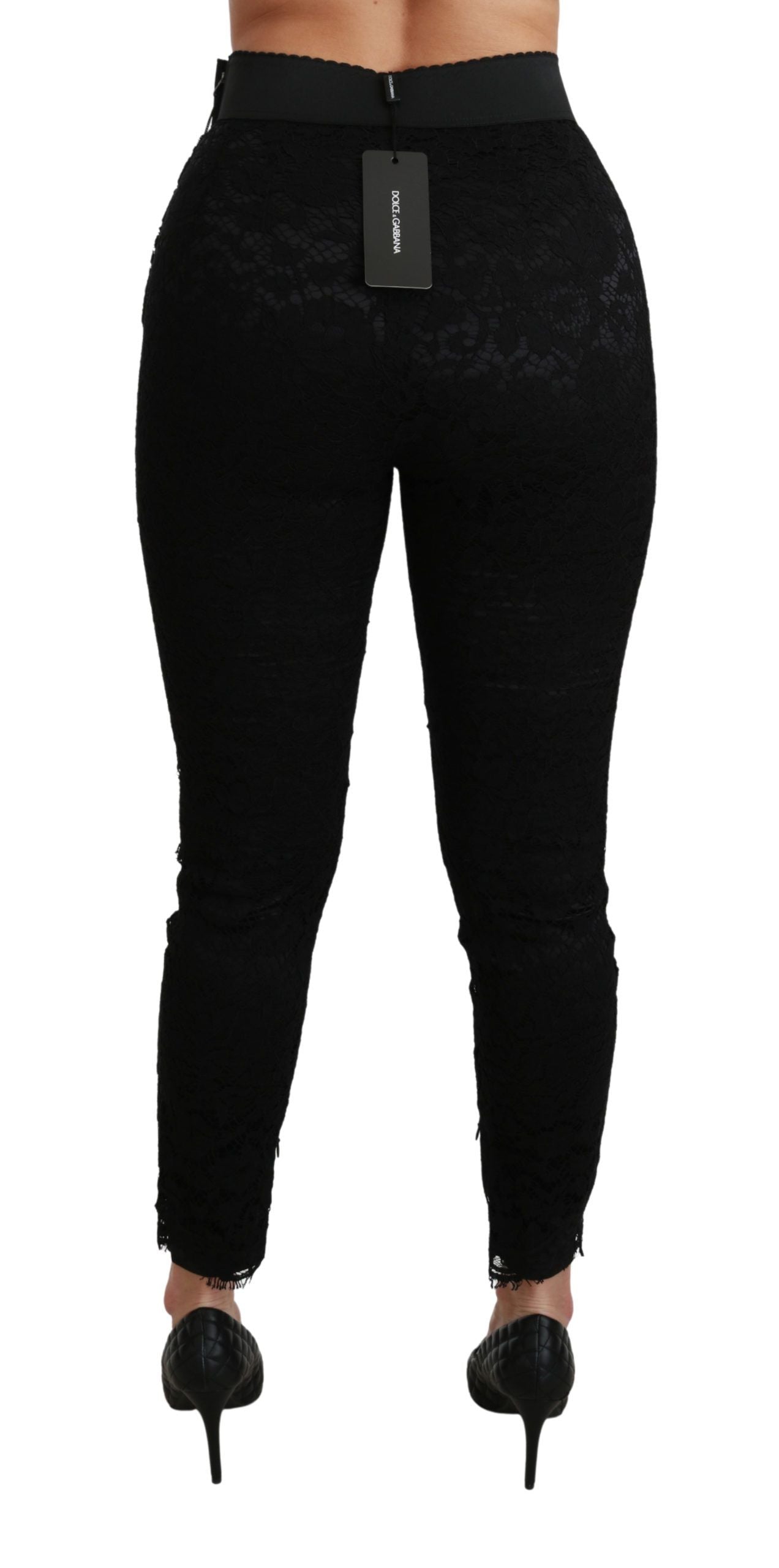 Pantalon skinny taille haute en coton noir avec dentelle