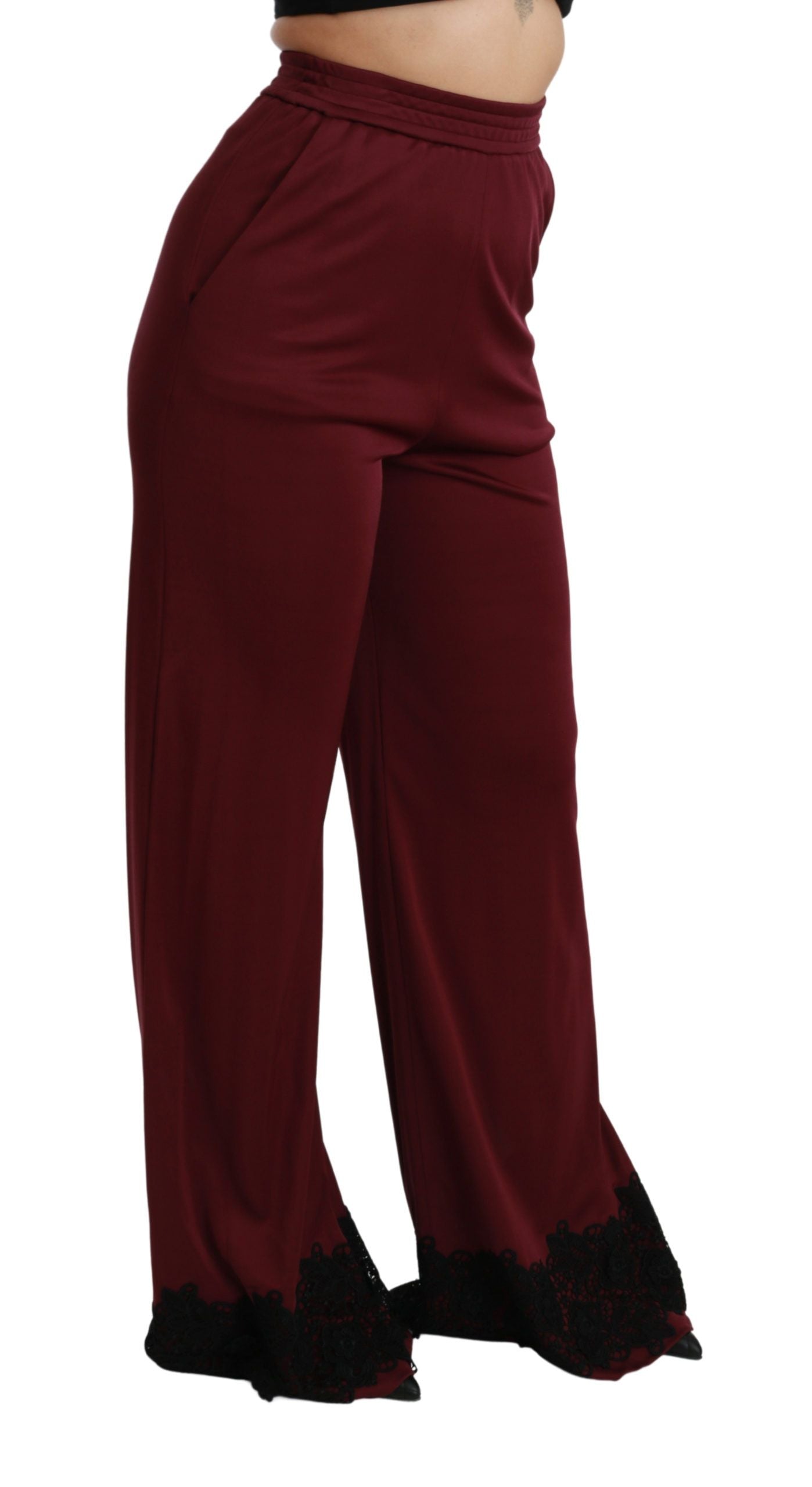 Pantalon large taille haute en dentelle noire bordeaux