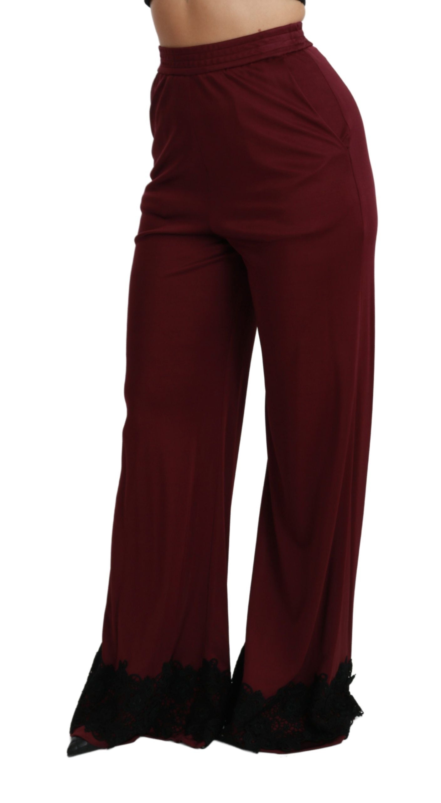 Pantalon large taille haute en dentelle noire bordeaux