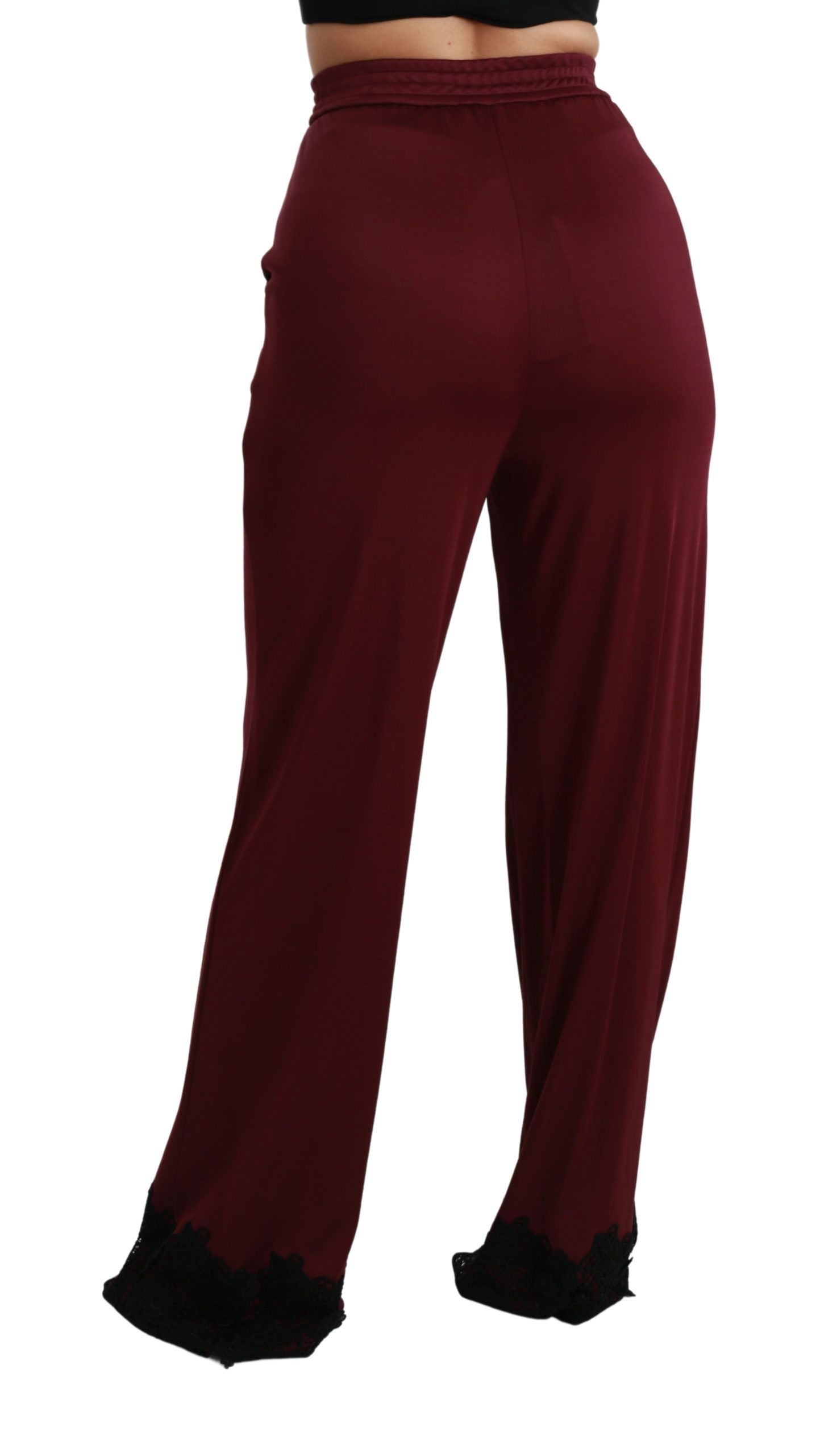 Pantalon large taille haute en dentelle noire bordeaux