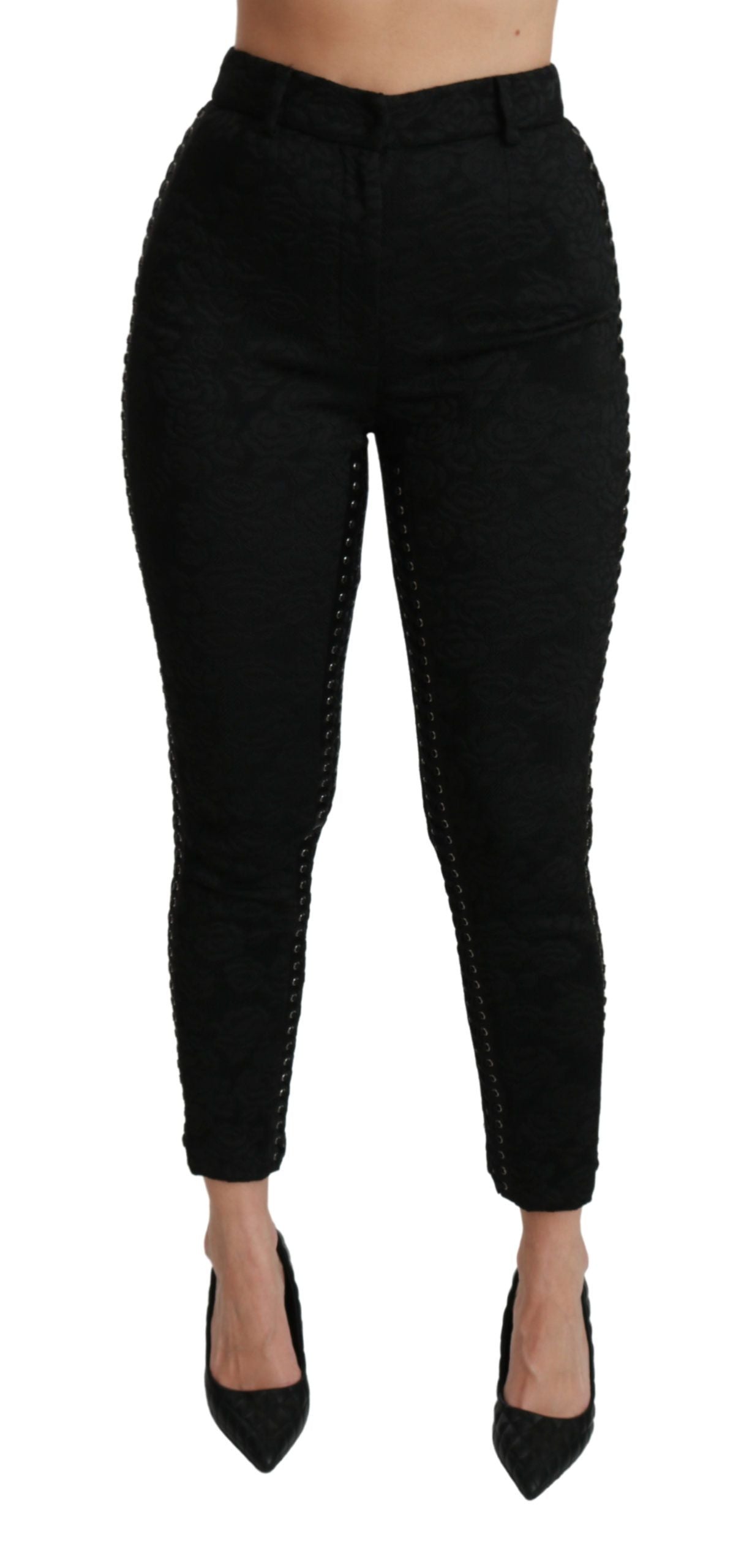 Pantalones ajustados de cintura alta con brocado negro