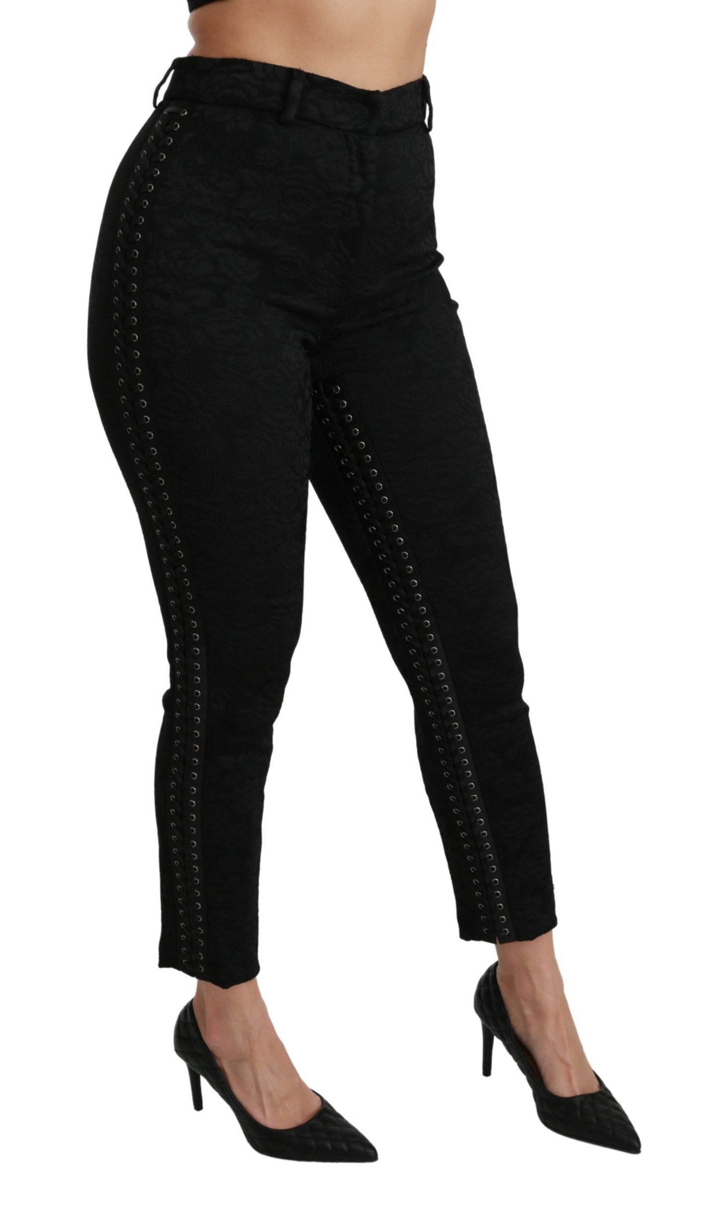 Pantalones ajustados de cintura alta con brocado negro