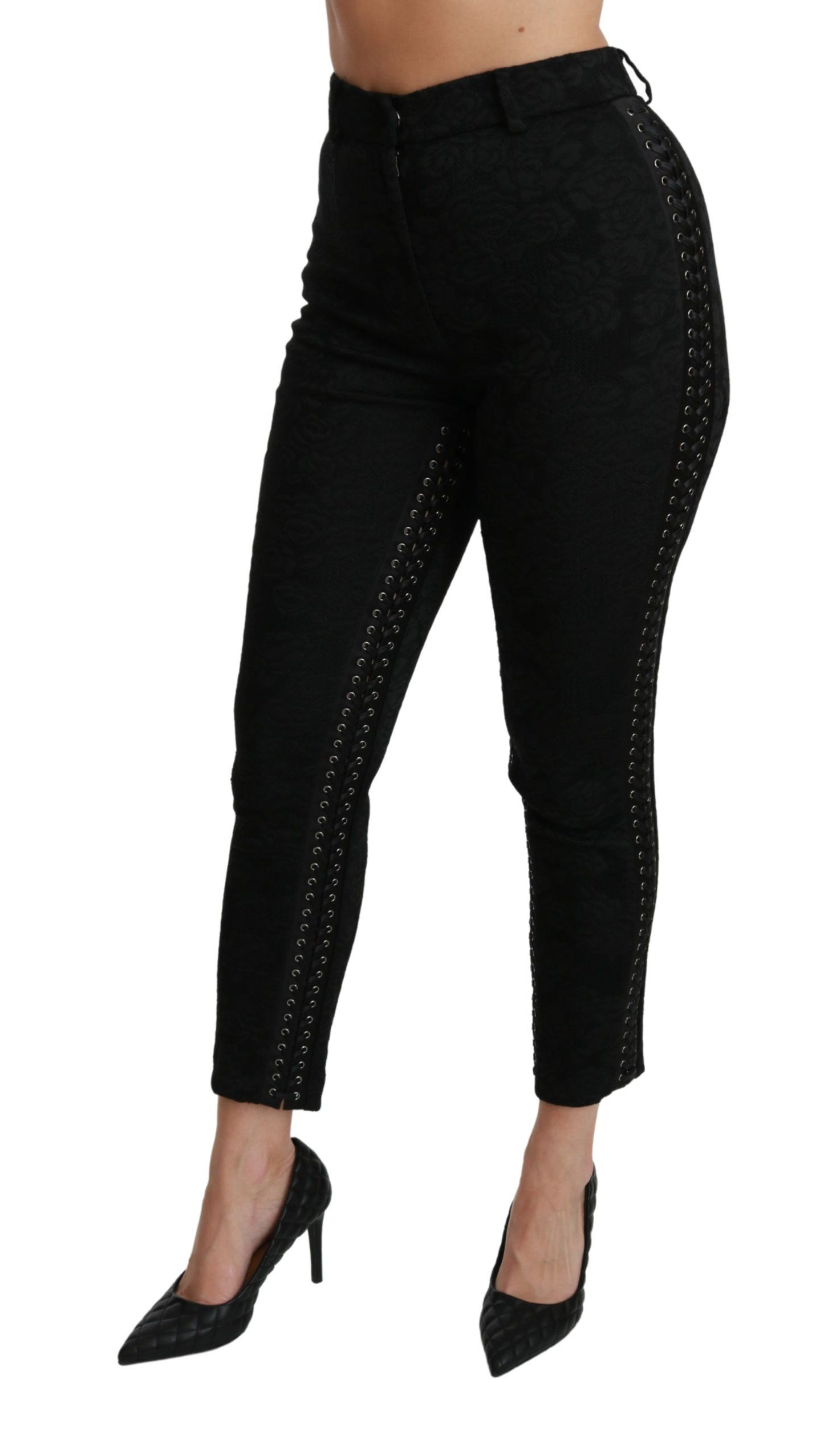 Pantalones ajustados de cintura alta con brocado negro