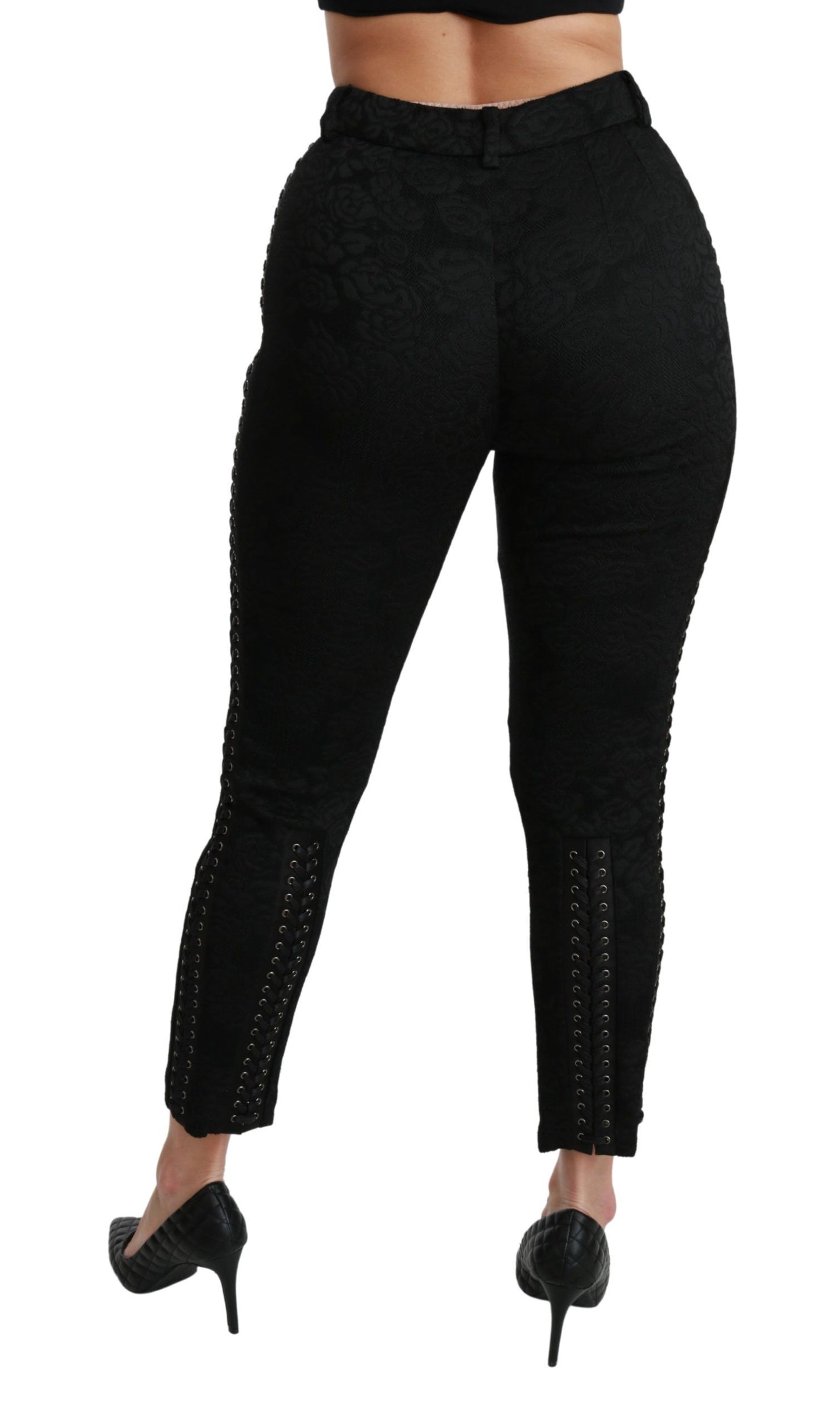 Pantalones ajustados de cintura alta con brocado negro