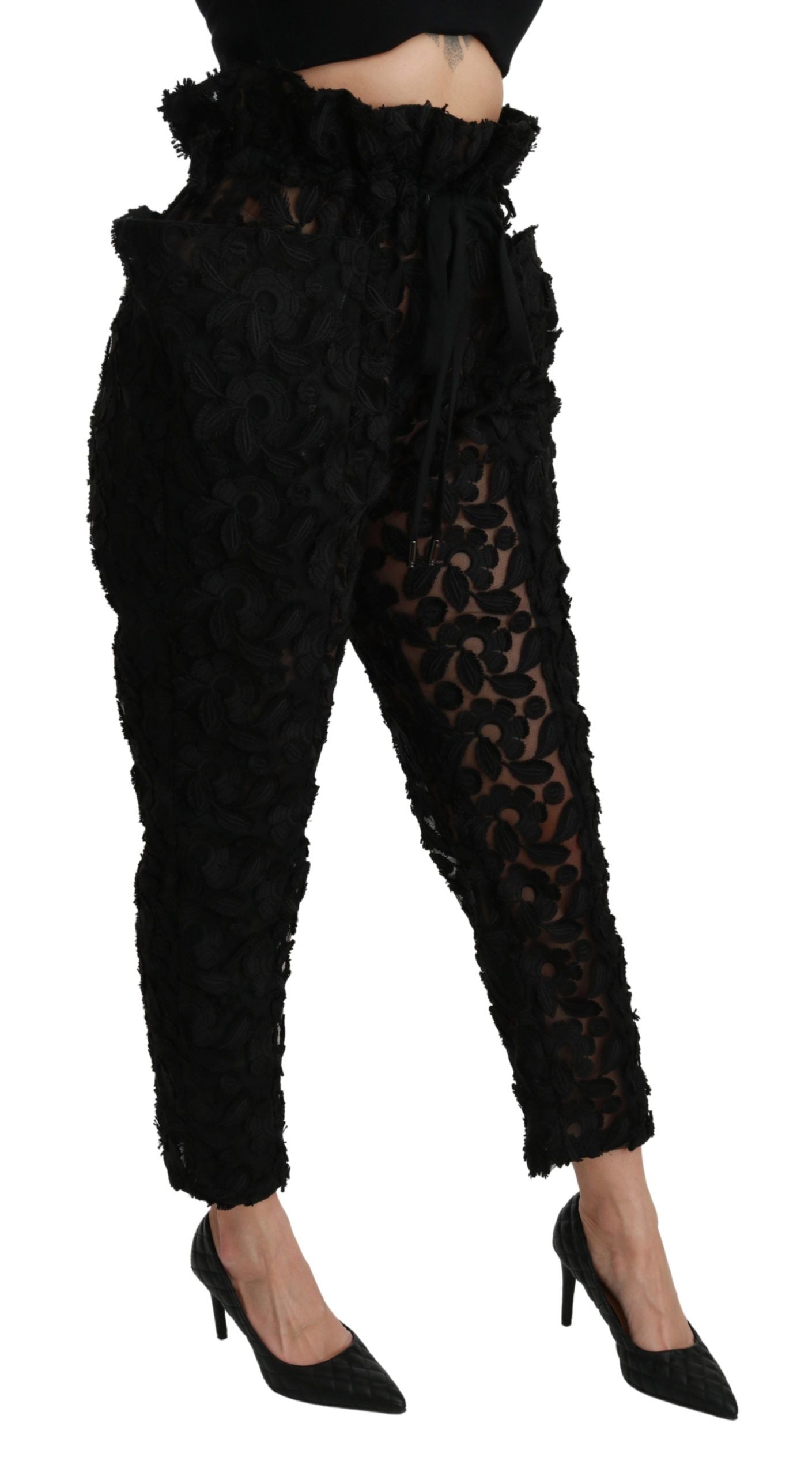 Pantalon fuselé taille haute en dentelle florale noire