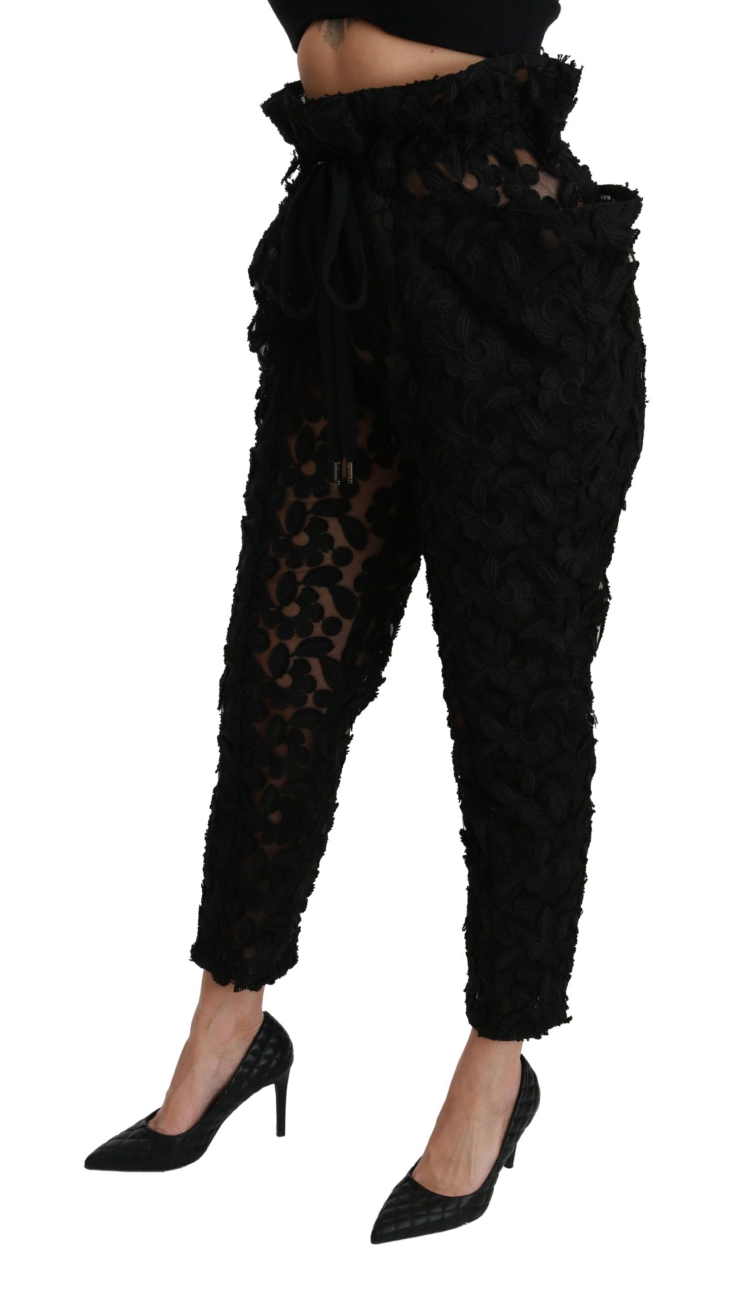 Pantalon fuselé taille haute en dentelle florale noire