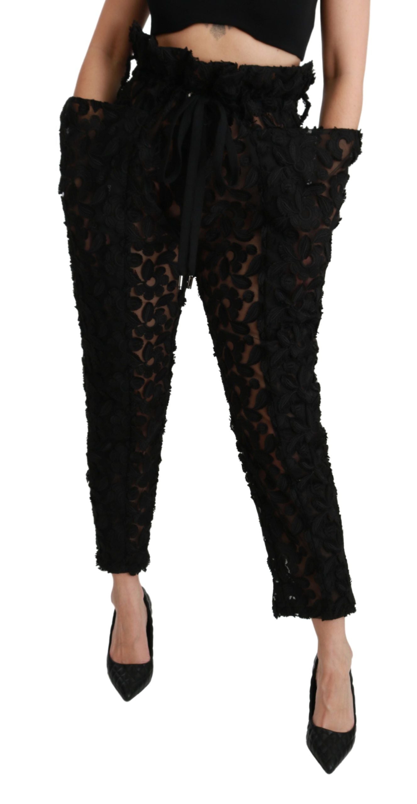Pantalon fuselé taille haute en dentelle florale noire