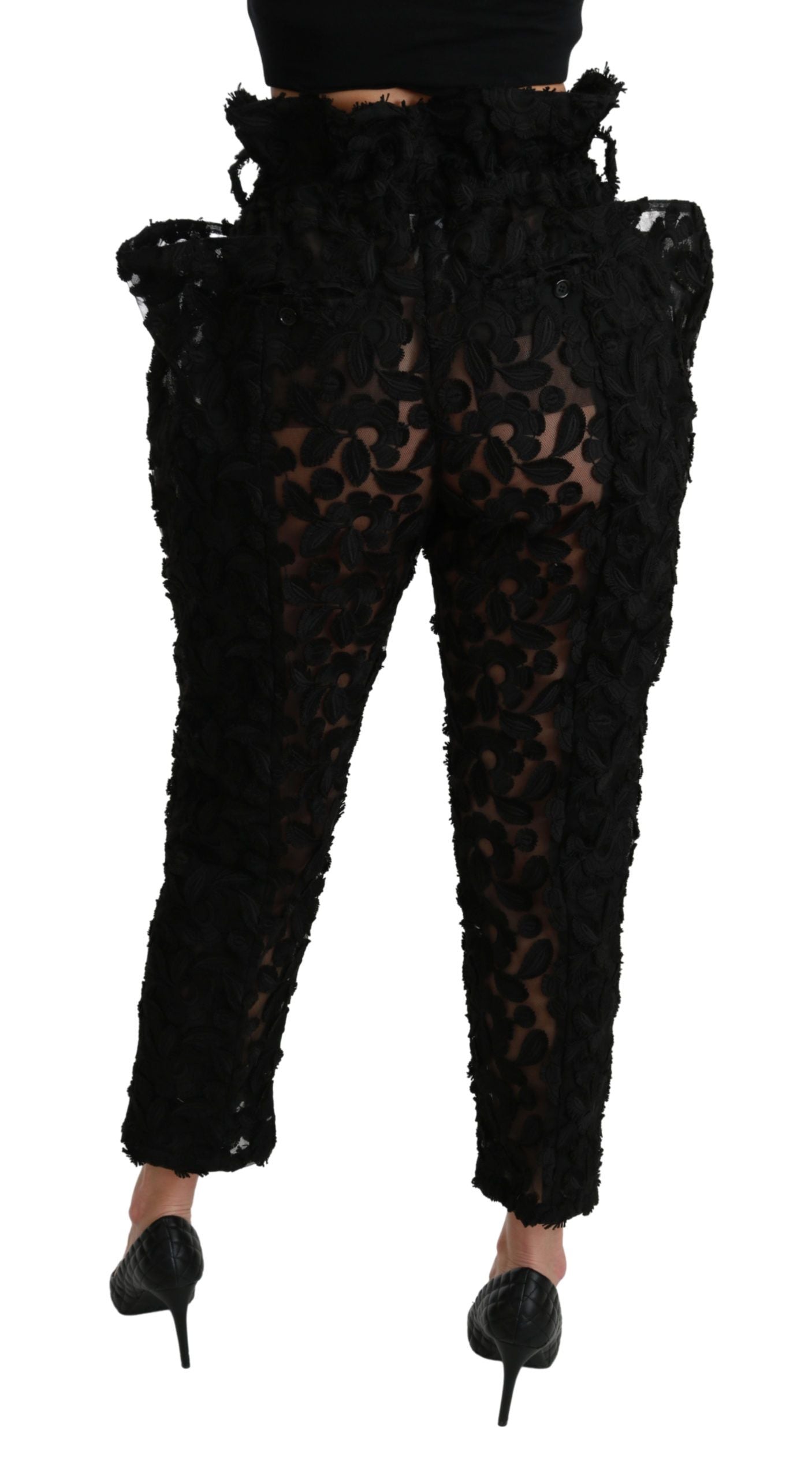 Pantalon fuselé taille haute en dentelle florale noire
