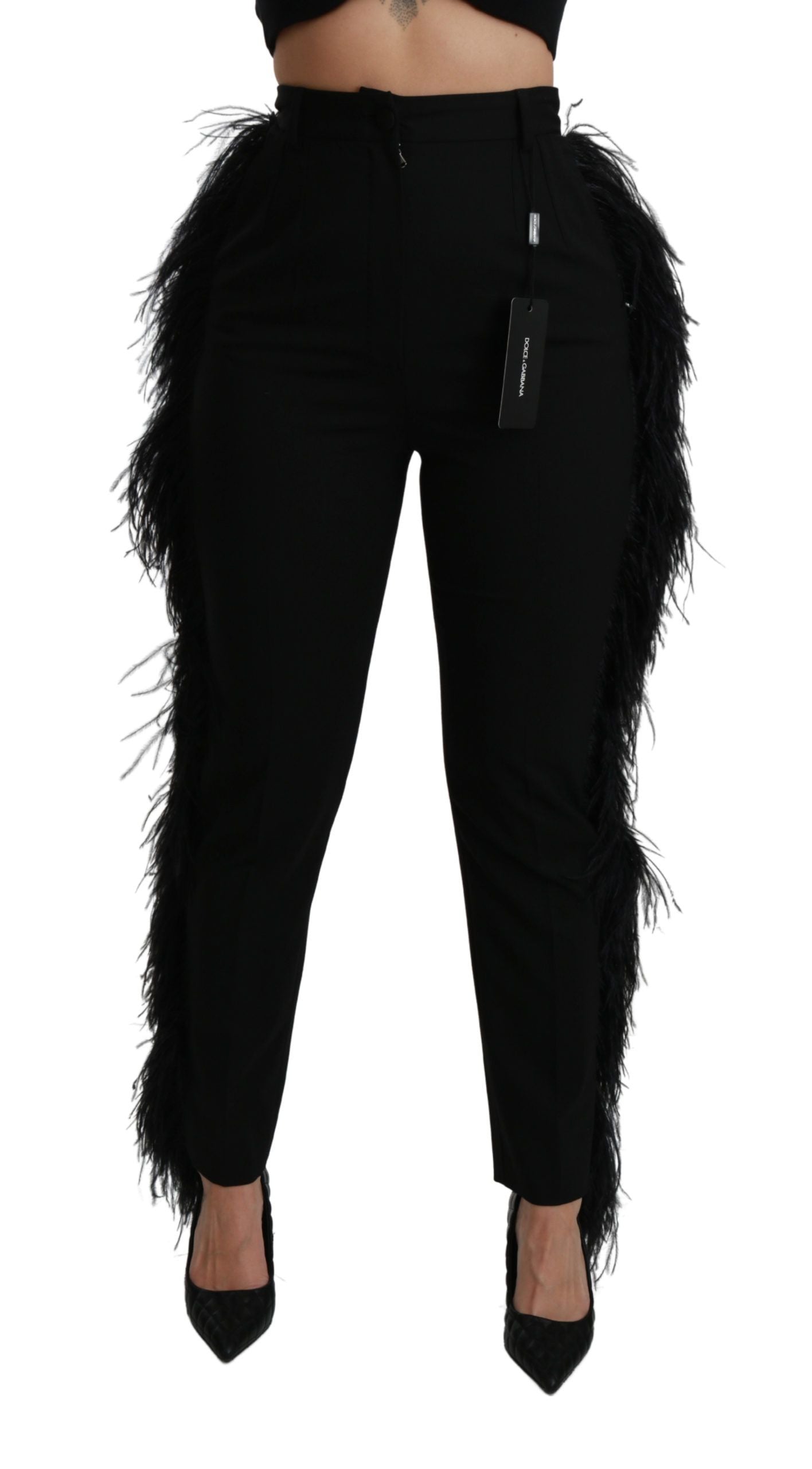 Pantalon droit taille haute en laine à plumes noires