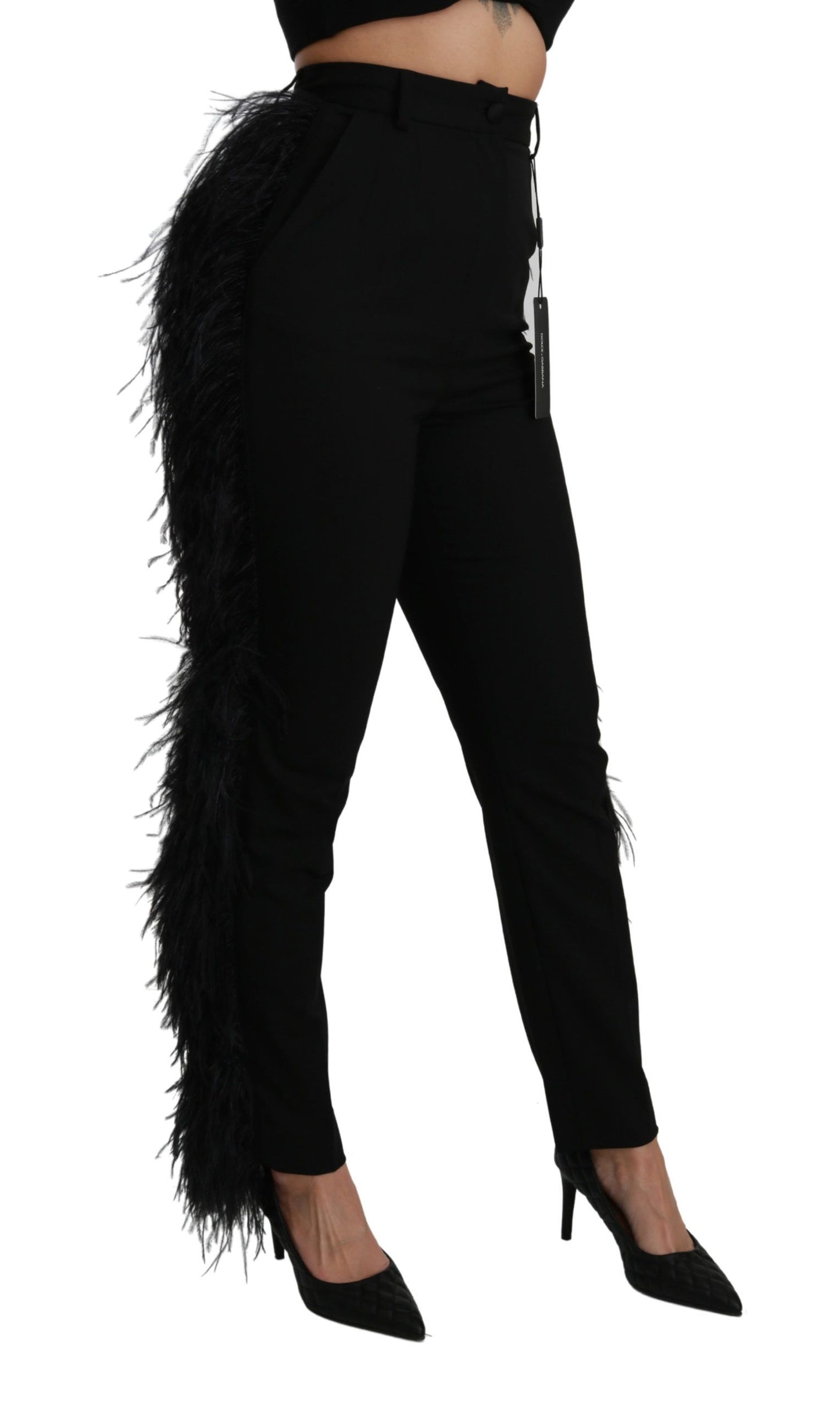 Pantalon droit taille haute en laine à plumes noires