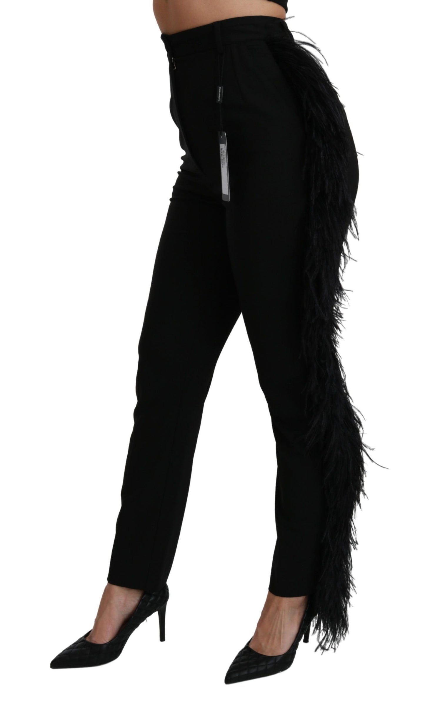 Pantalon droit taille haute en laine à plumes noires