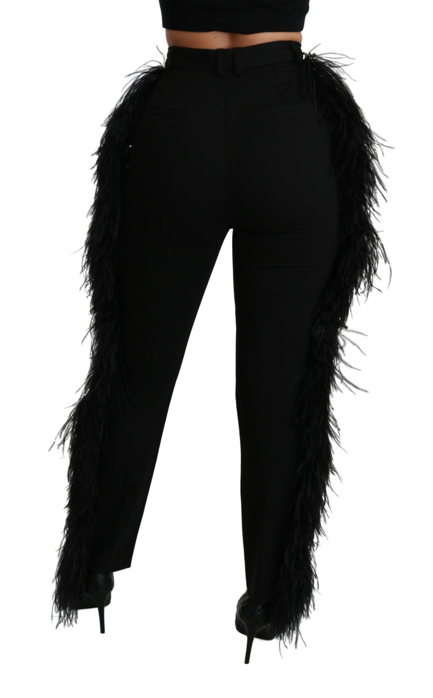 Pantalon droit taille haute en laine à plumes noires