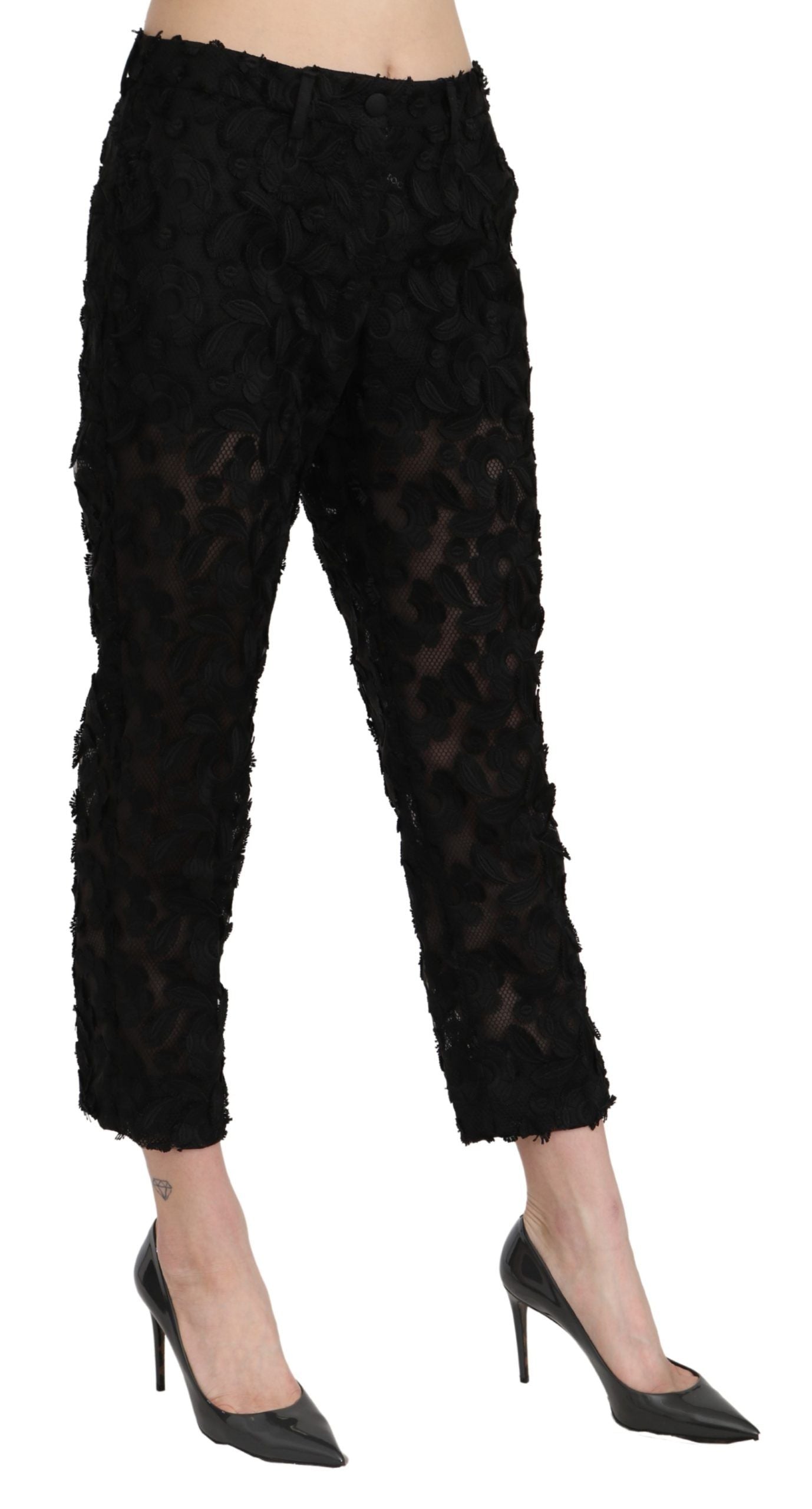 Pantalones rectos de cintura alta con encaje negro