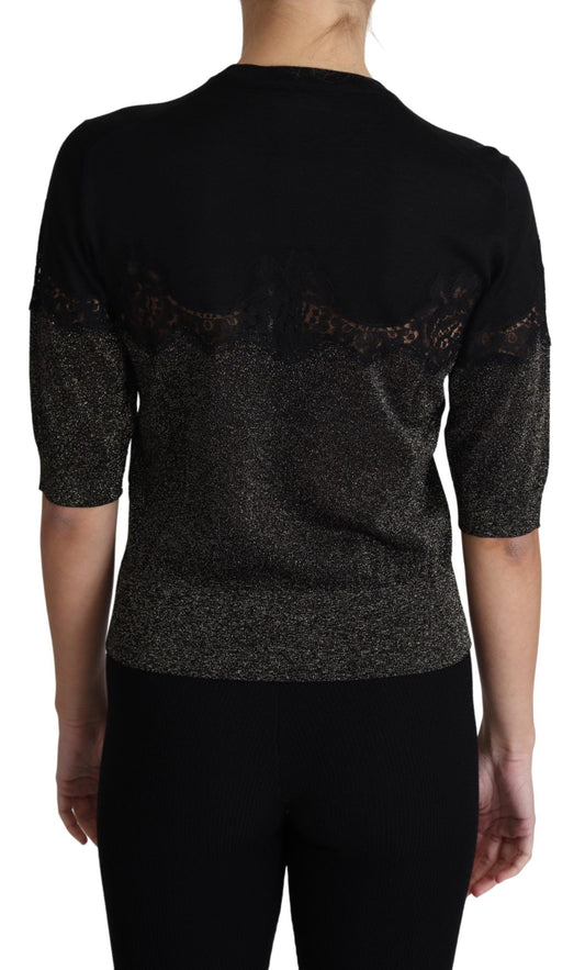 Pull-over noir brillant avec empiècements en dentelle lurex