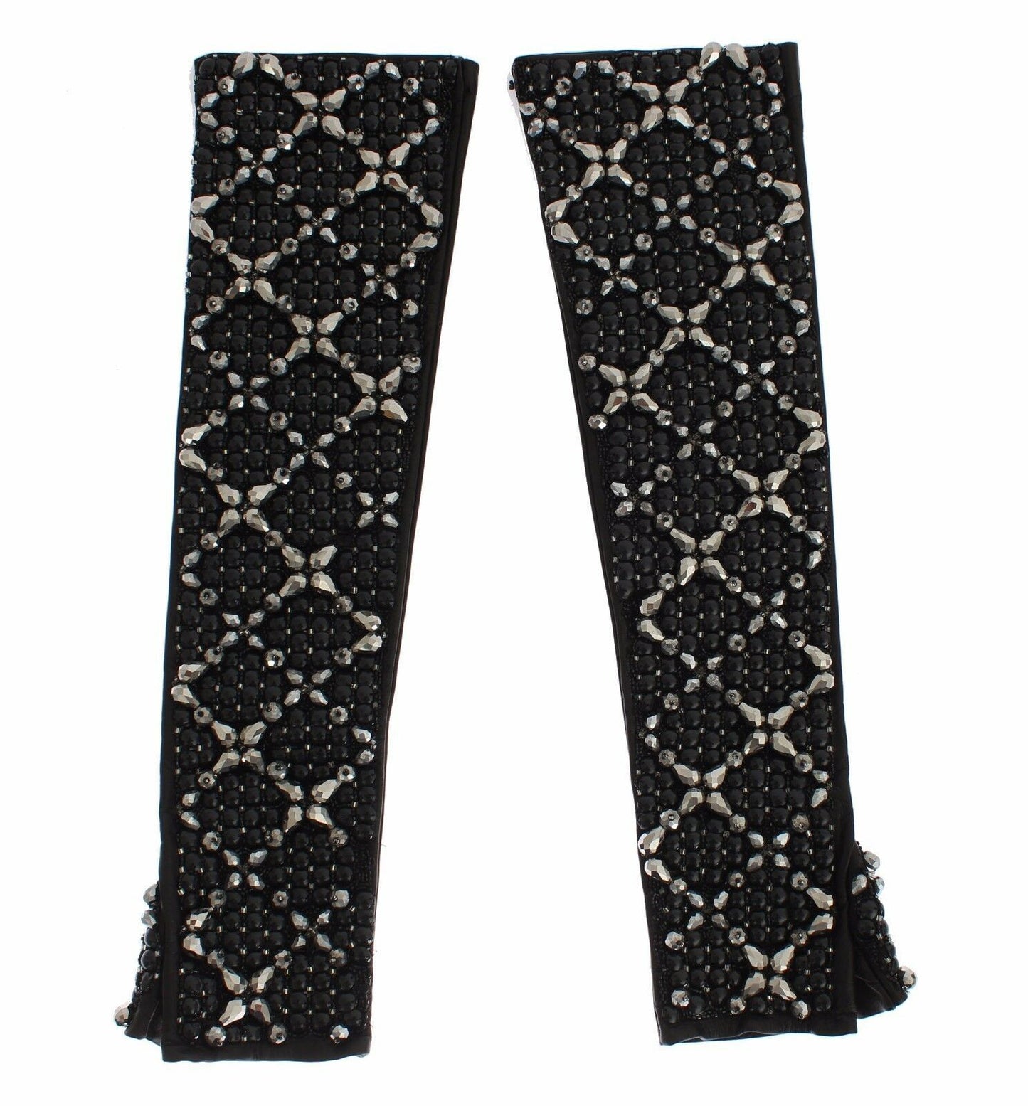 Guantes de cuero negro con cuentas de cristal y dedos libres