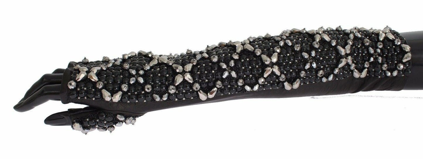 Guantes de cuero negro con cuentas de cristal y dedos libres