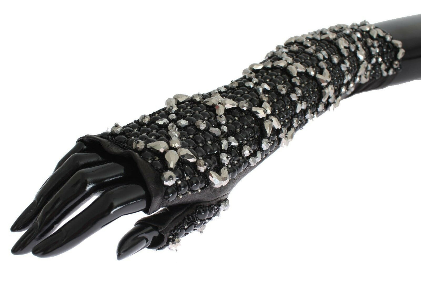 Guantes de cuero negro con cuentas de cristal y dedos libres