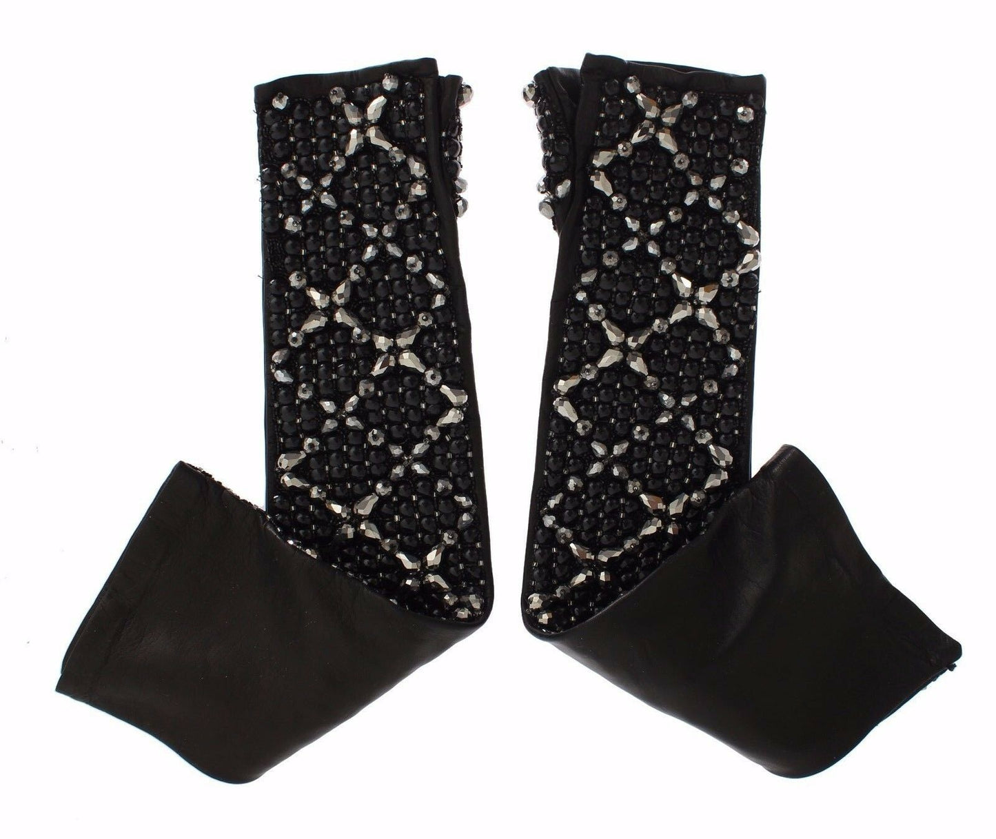 Guantes de cuero negro con cuentas de cristal y dedos libres