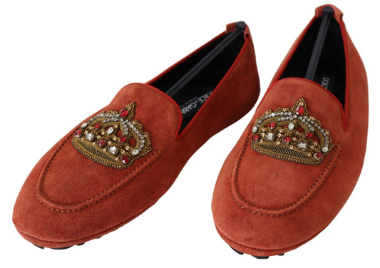 Orange Leather Crystal Crown Loafers Shoes